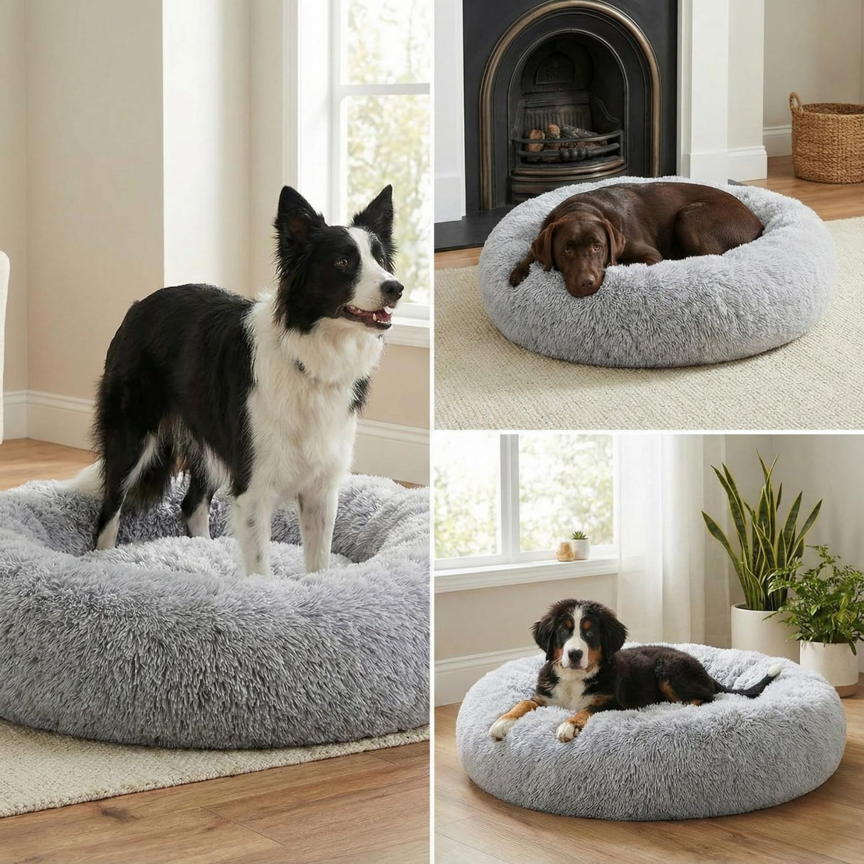 WisQoo Calming Pet Bed with Water-Resistant Inner Liner – Anti-Anxiety Donut Dog & Cat Bed with Removable Washable Cover – Supportive Plush Nest, Non-Slip & Cushion Protection – Large, Grey