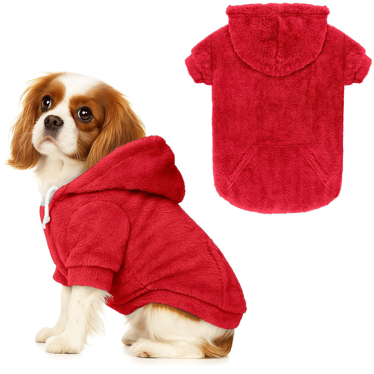 Dog Sweaters,Dog Hoodie,Warm Fuzzy Fleece Sweatshirt with Hood & Pocket,Leash Hole,Cozy Cold Weather Pet Clothes Sweater for Small,Medium,and Large Dogs(Red,M)