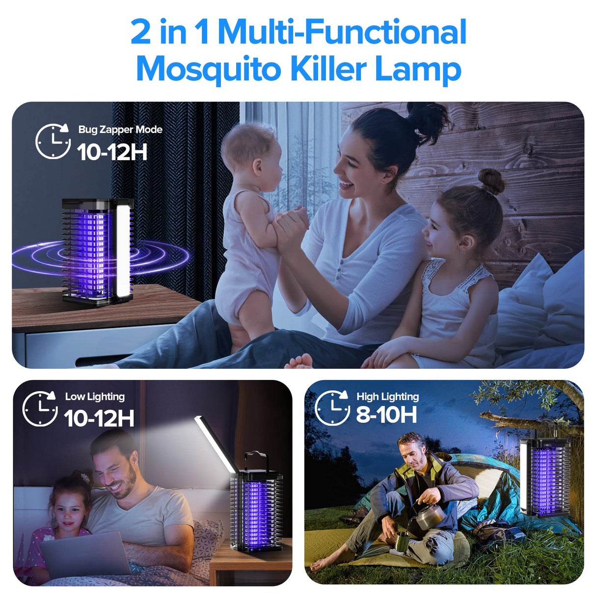Bug Zapper Outdoor Indoor, Solar Mosquito Zapper with Reading Lamp, Cordless & Rechargeable Electric Insect Fly Zapper with 4200V High Powered UV Light, 2 in 1 Mosquito Killer for Home Backyard Patio