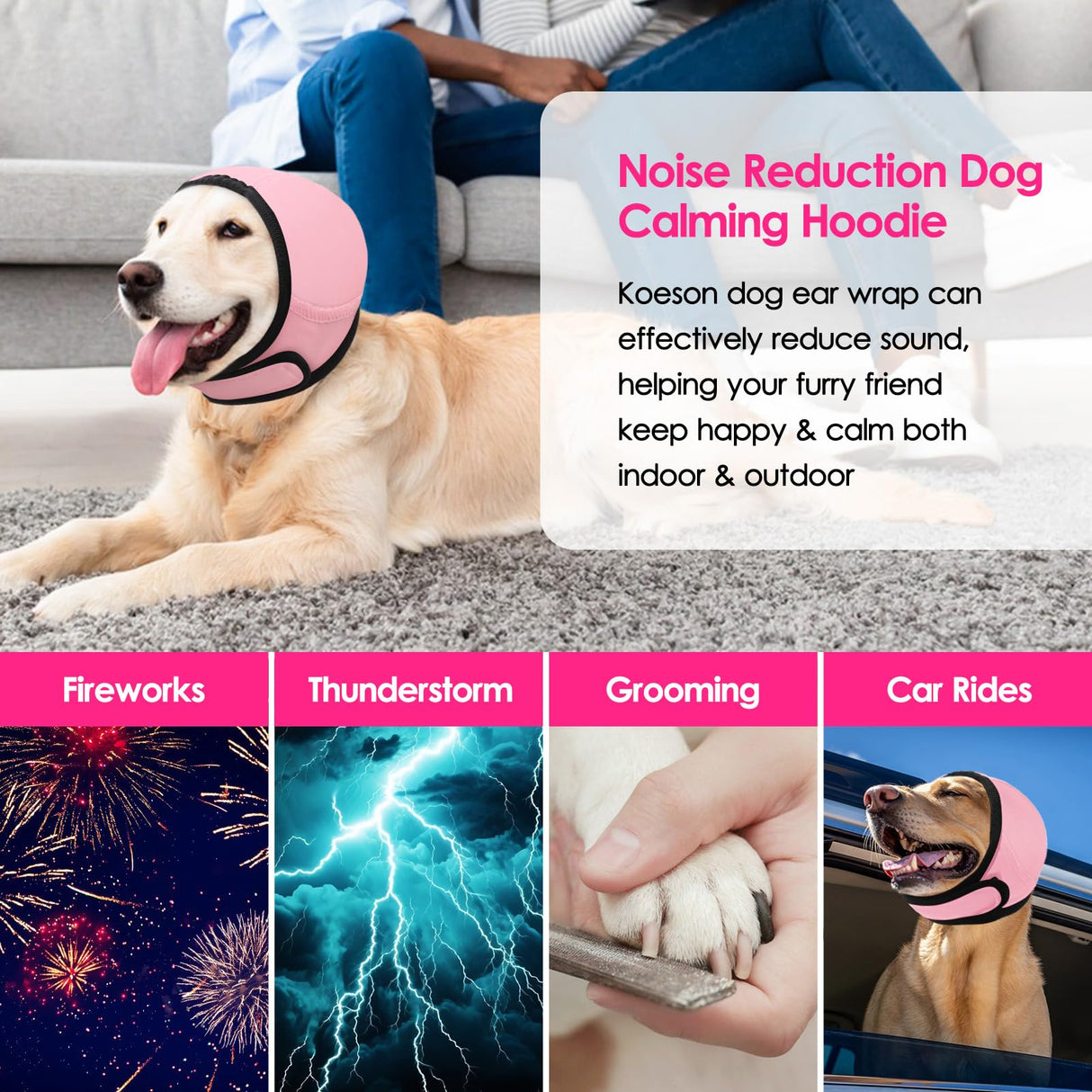 KOESON Dog Calming Hoodie - No Shake Ear Wraps for Dogs, Anxiety Relief & Noise Protection, Water Resistant Pet Ear Cover Muffs for Firework, Grooming, Thunderstorms, Swimming, Bathing, Light Pink S