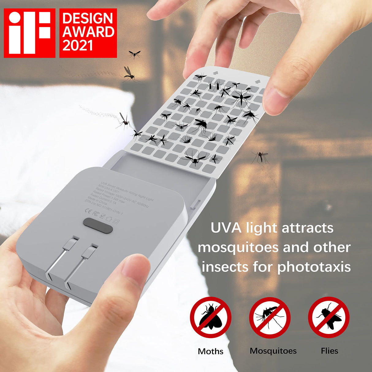 Mosalogic Fly Insect Trap Plug-in Mosquito Killer Indoor Gnat Moth Catcher Fly Tapper with Night Light UV Attractant Catcher for Home Office Grey-1Pack