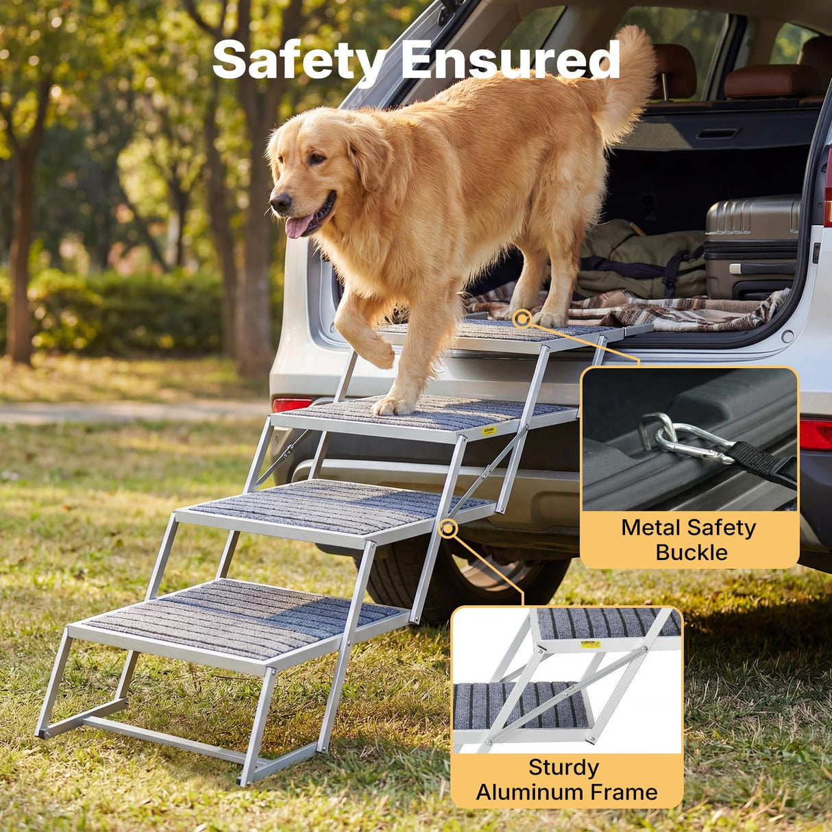 Veehoo Extra Wide Dog Steps for Car Truck SUV Foldable, 5 Steps Lightweight Aluminum Dog Stairs for Injured Senior Large Dogs 20" Wide, Folding Pet Ramp Ladder with Non Slip Surface, up to 170lbs