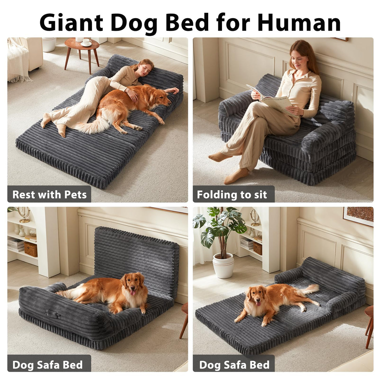INVENHO Foldable Human Dog Bed, Orthopedic Egg-Crate Memory Foam Human Sized Dog Bed for Adult with Washable Removable Cover & Nonskid Bottom