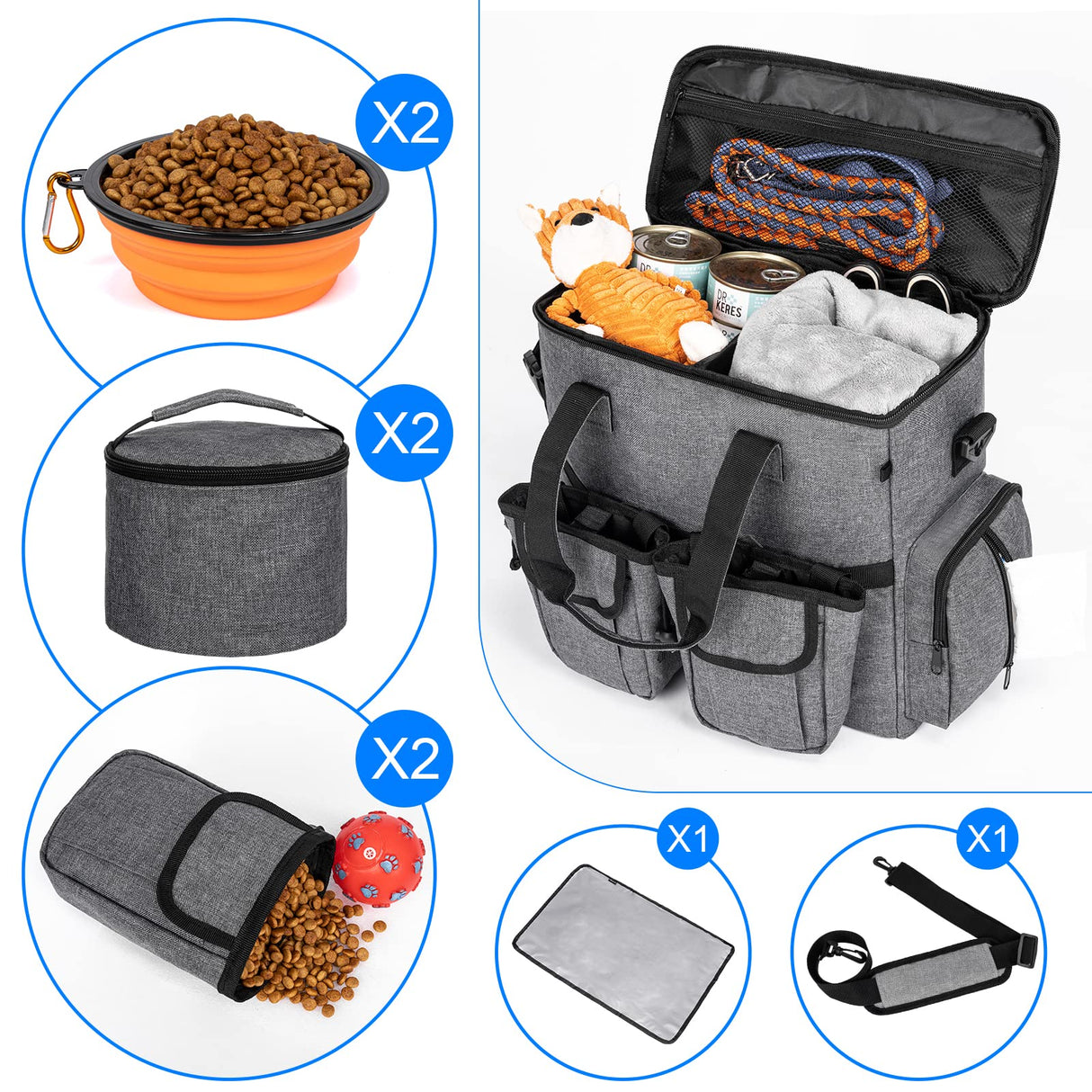 Modoker Dog Travel Bag Backpack, Airline Approved Pet Accessories Organizer for Dog and Cat with Shoulder Strap, 2 Dog Food Storage Containers, 2 Collapsible Dog Bowls,1 Pet Mat, Rose Red