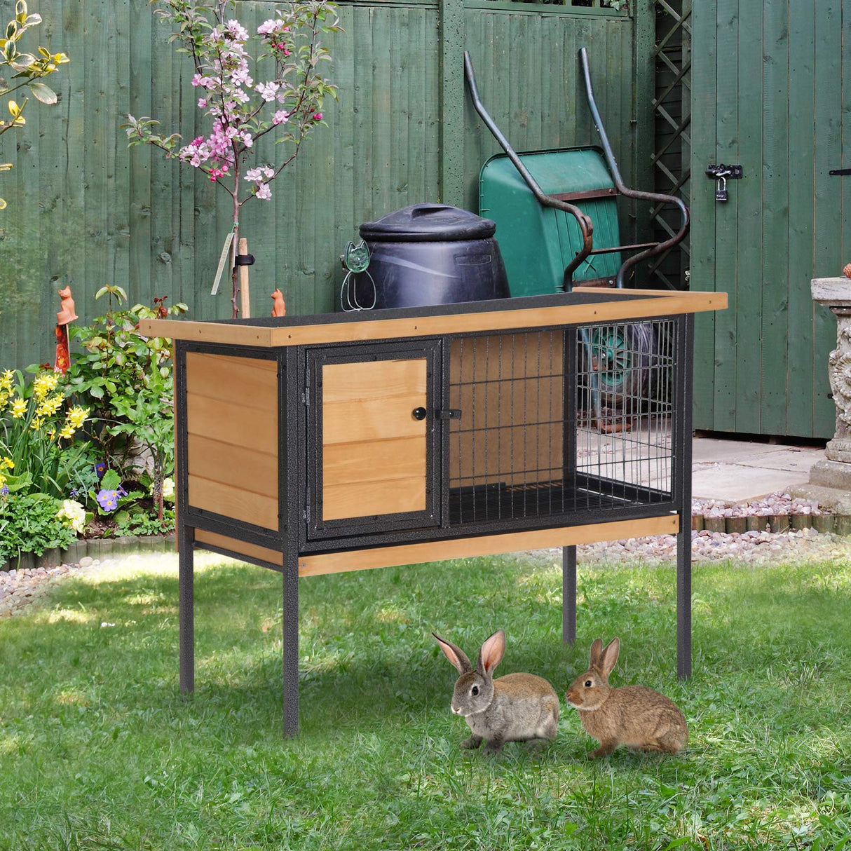 PawHut Rabbit Hutch Elevated Bunny Cage Small Animal Habitat with Metal Frame, No Leak Tray, Metal Wire Pan, Openable Water-Resistant Asphalt Roof for Rabbits, Chickens, Ducks, Indoor/Outdoor Natural