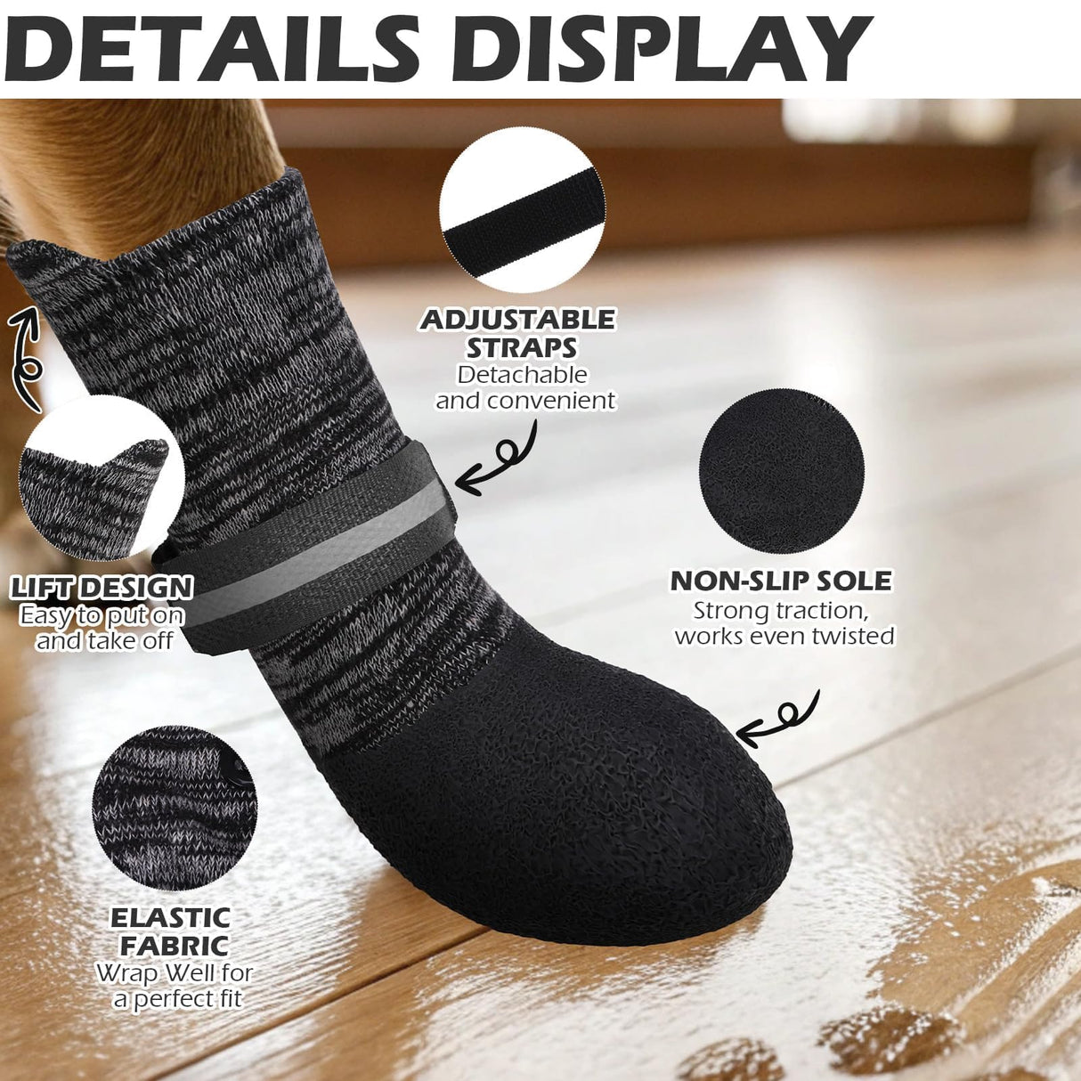 EXPAWLORER Anti Slip Dog Socks to Prevent Licking Paws, Shoes for Winter Snow, Boots & Paw Protectors with Grippers, Waterproof Booties for Hardwood Floors for Small Medium Large Senior Dogs Black S