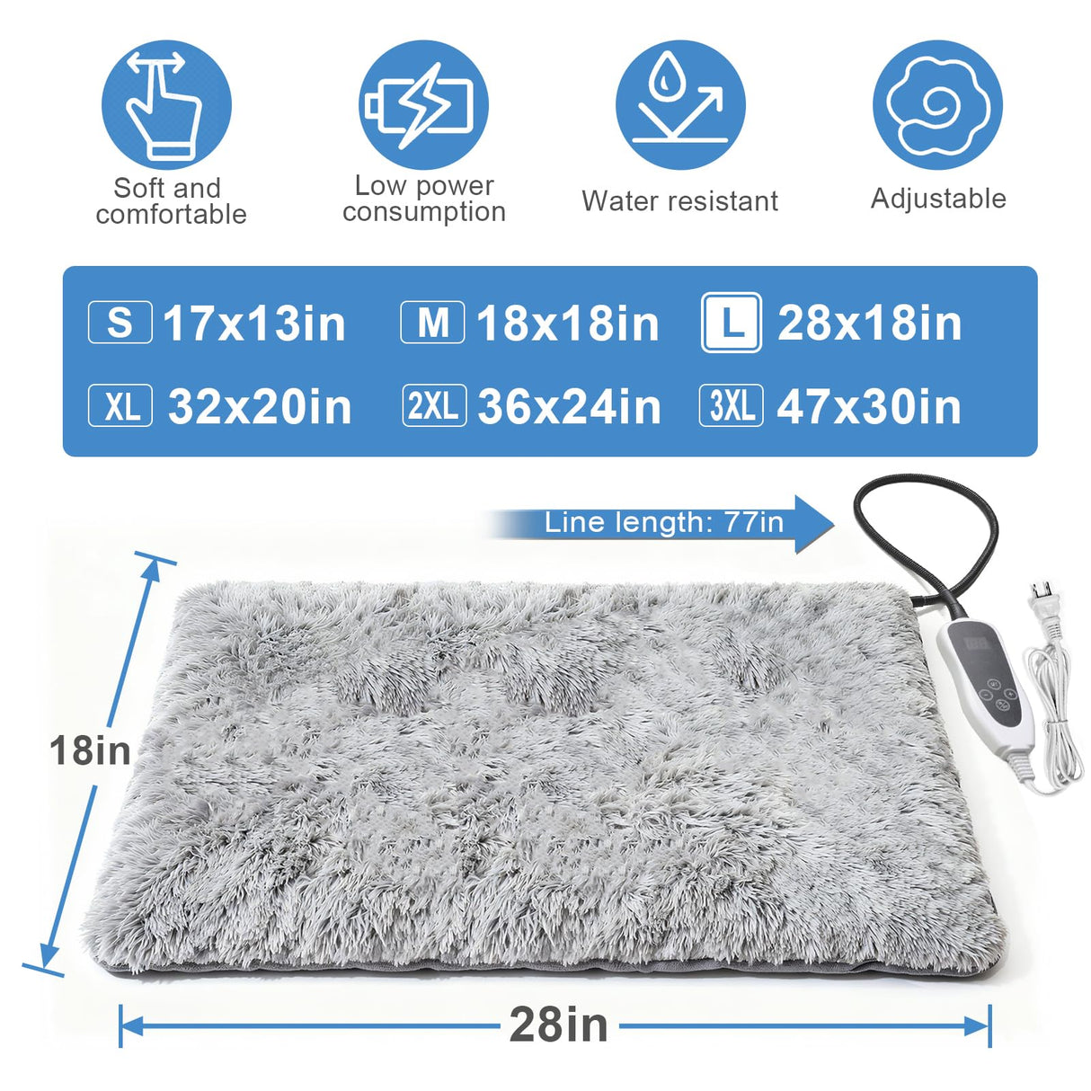 GOLOPET Dog Heating Pad 28x18 in with Smart Thermostat Switch and Power Line Protection Tube,Obtained MET and UL Dual Certification,Waterproof Puppy Heating Pad- Gray 1