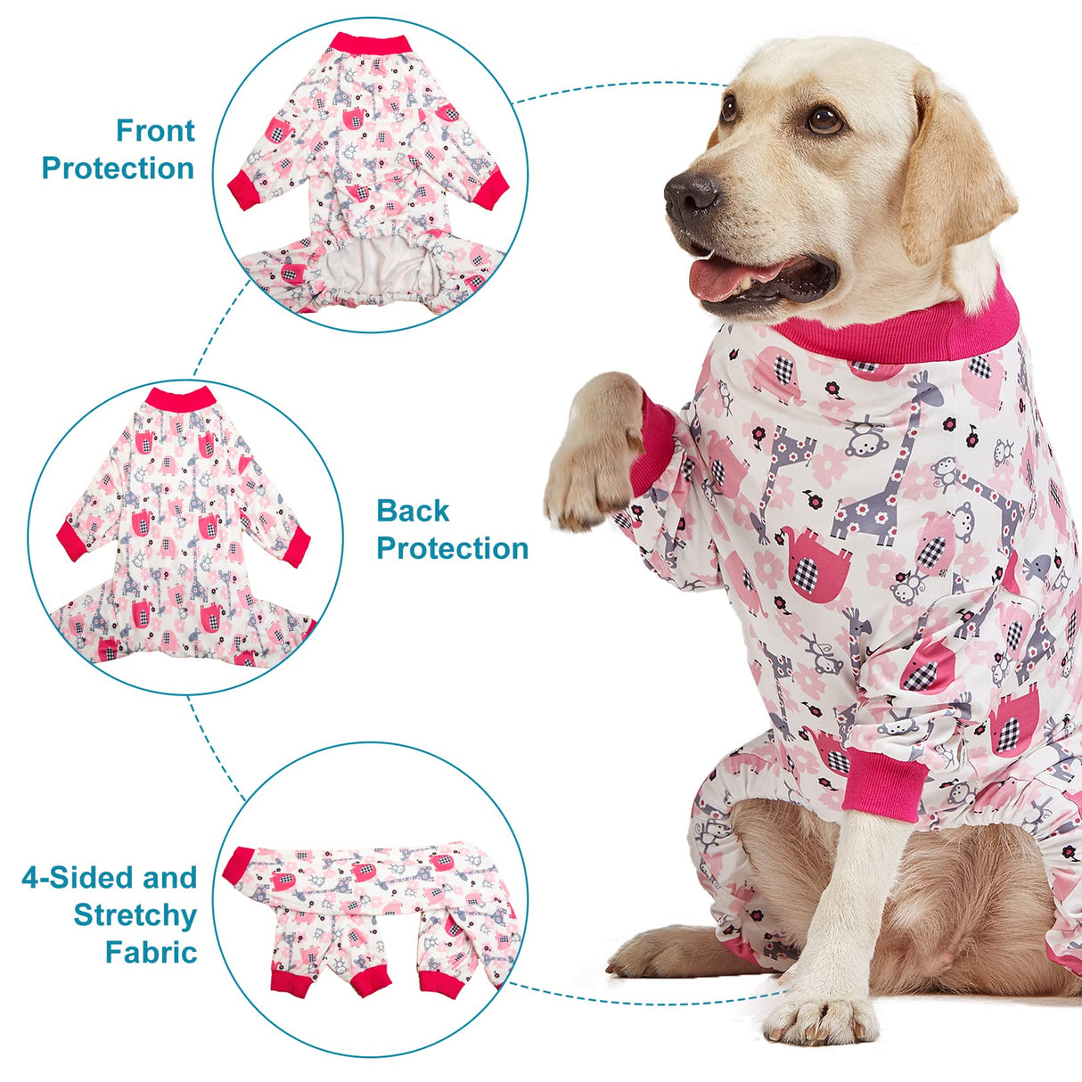 LovinPet Big Dog Pajamas, Pet Anxiety Relief, Anti Licking, Post Surgery Recovery Clothe, Lightweight Stretch Fabric, Jungle Dreams Fuchsia Print, Large Dog Jammies,Big Breed Pet PJ's, L