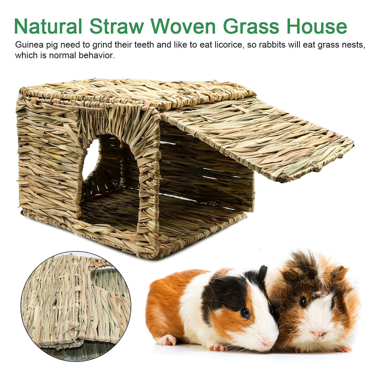 BWOGUE Large Grass House for Guinea Pigs,Hand Woven Straw Hut Foldable Small Animal Play Hideaway Bed with Double Openings Playhouse for Bunny Guinea Pig Chinchilla Ferret