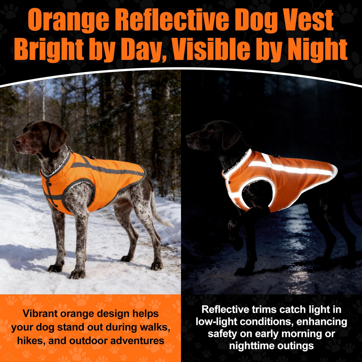 Dog Winter Coat with Fleece Lining for Medium Dogs– Warm Waterproof Windproof Snow Vest for Cold Weather, Reflective Blaze Orange Safety Dog Jacket, Easy-On Adjustable Fit with D Ring, L