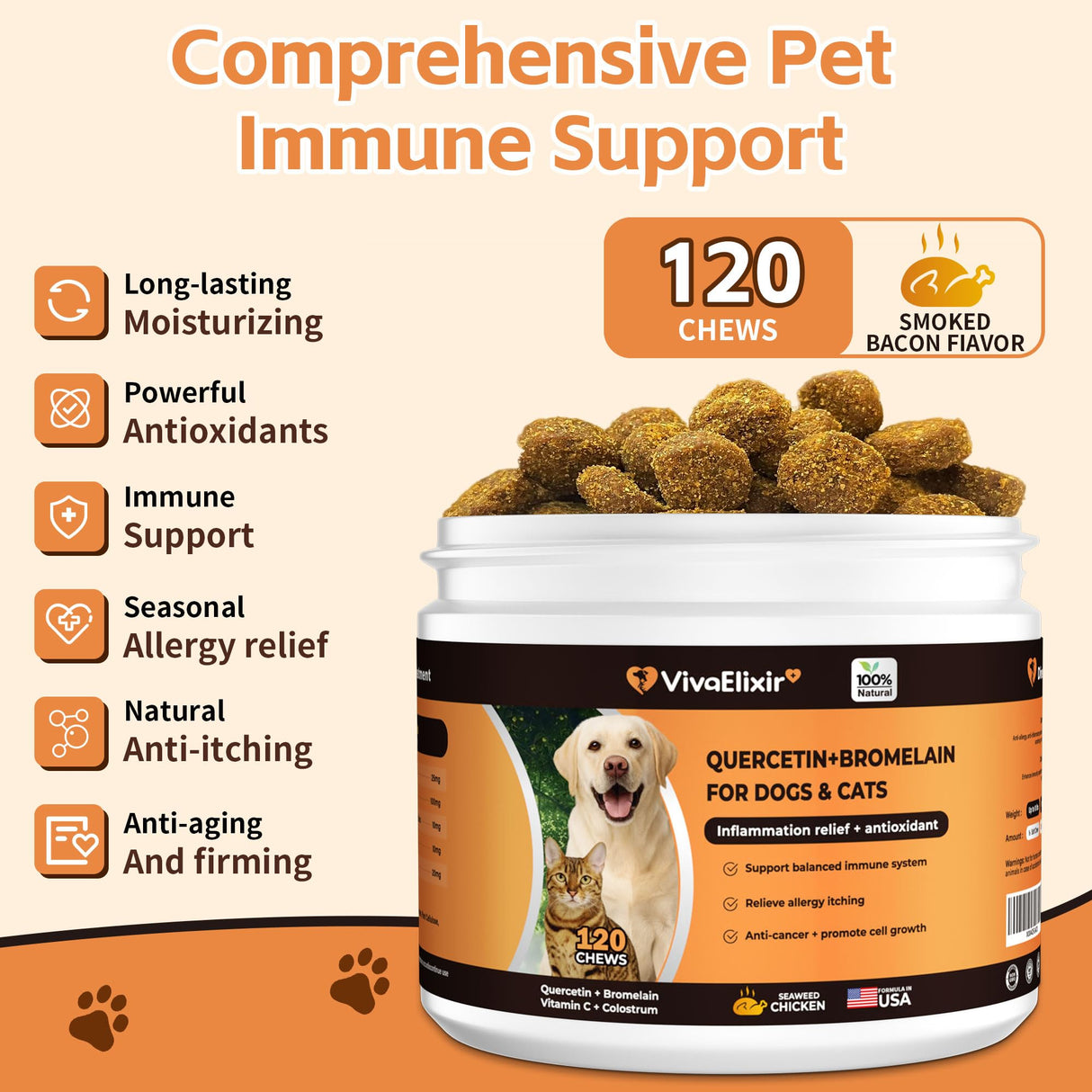 Quercetin & Bromelain for Dogs & Cats with Colostrum & Probiotics - Supports Immune System, Relieves Itchy Allergies, Anti-Inflammatory Antioxidants, Veterinarian Recommended, 120 Chewable Tablets