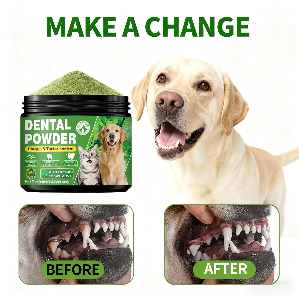 Dog Dental Powder – Helps Clean Teeth & Reduce Tartar, Fresh Breath Support, Natural Dental Care for Dogs, Easy to Use, 60-Day Supply