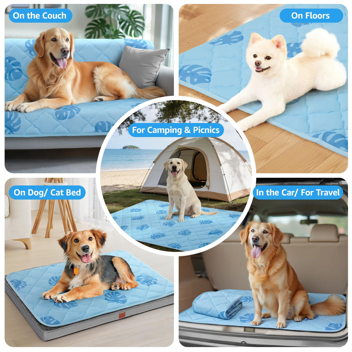 LOOBANI Dog Cooling Mat for Large Dogs - 56"x36" Pet Cooling Mat with Anti-Slip Bottom, Waterproof Self-Cooling Dog Pad for Crate, Floor & Car, Grey Monstera (Blue, 56"x36")