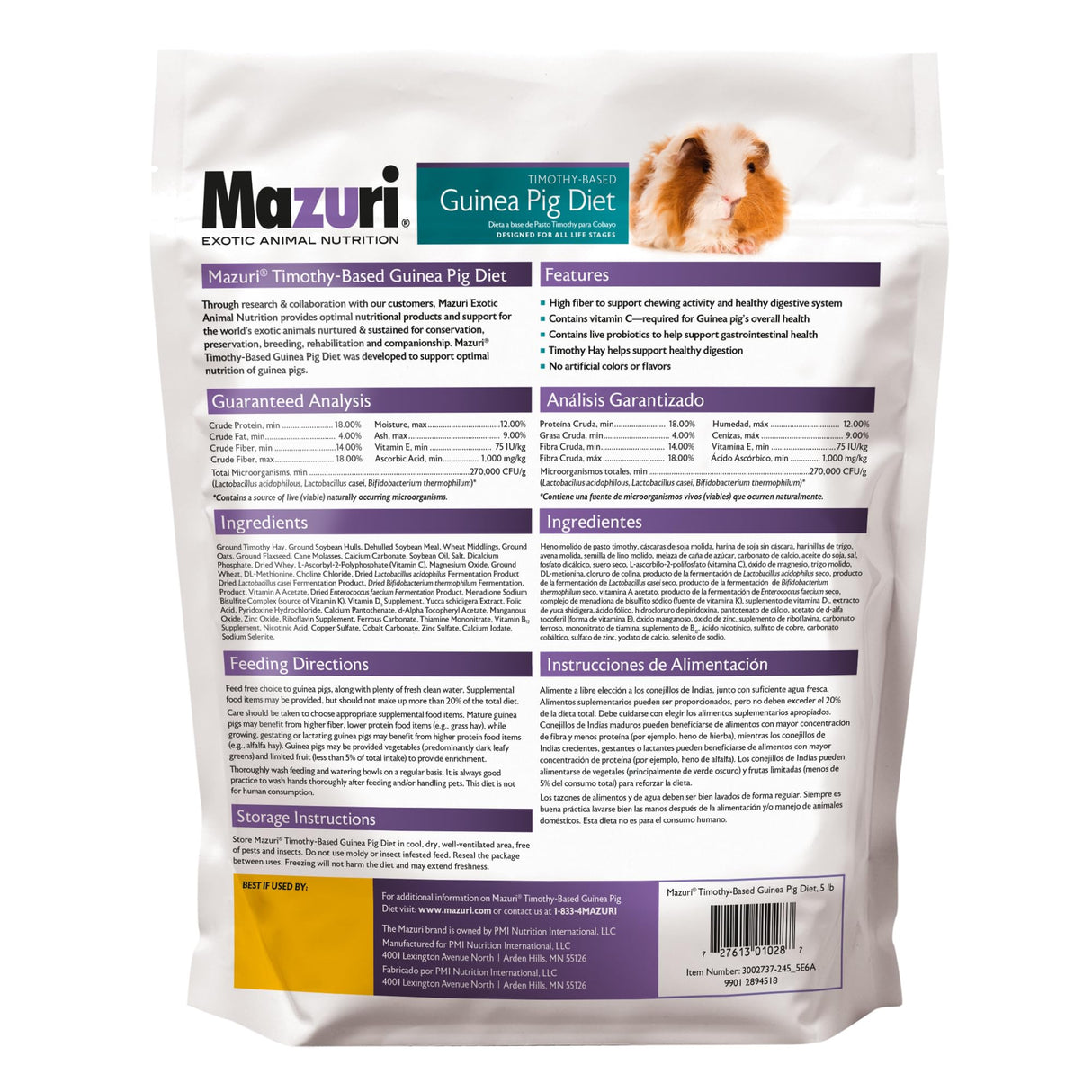 Mazuri® Timothy Hay-Based Guinea Pig Diet | Food for Guinea Pigs | 5 Pound (5 LB) Bag
