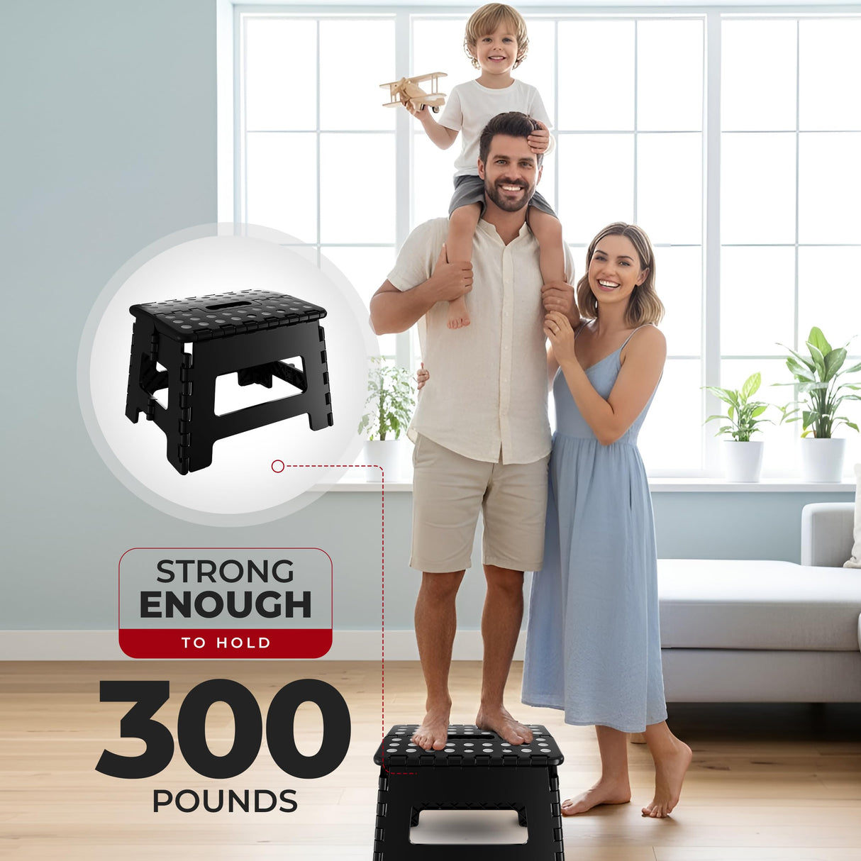 Folding Step Stool with Handle – 9 Inch Anti Slip Collapsible Stool – Holds Up to 300 lbs – Sturdy Plastic Step Stool Foldable for Kitchen, Bathroom and Home Use (1-Pack, Black)