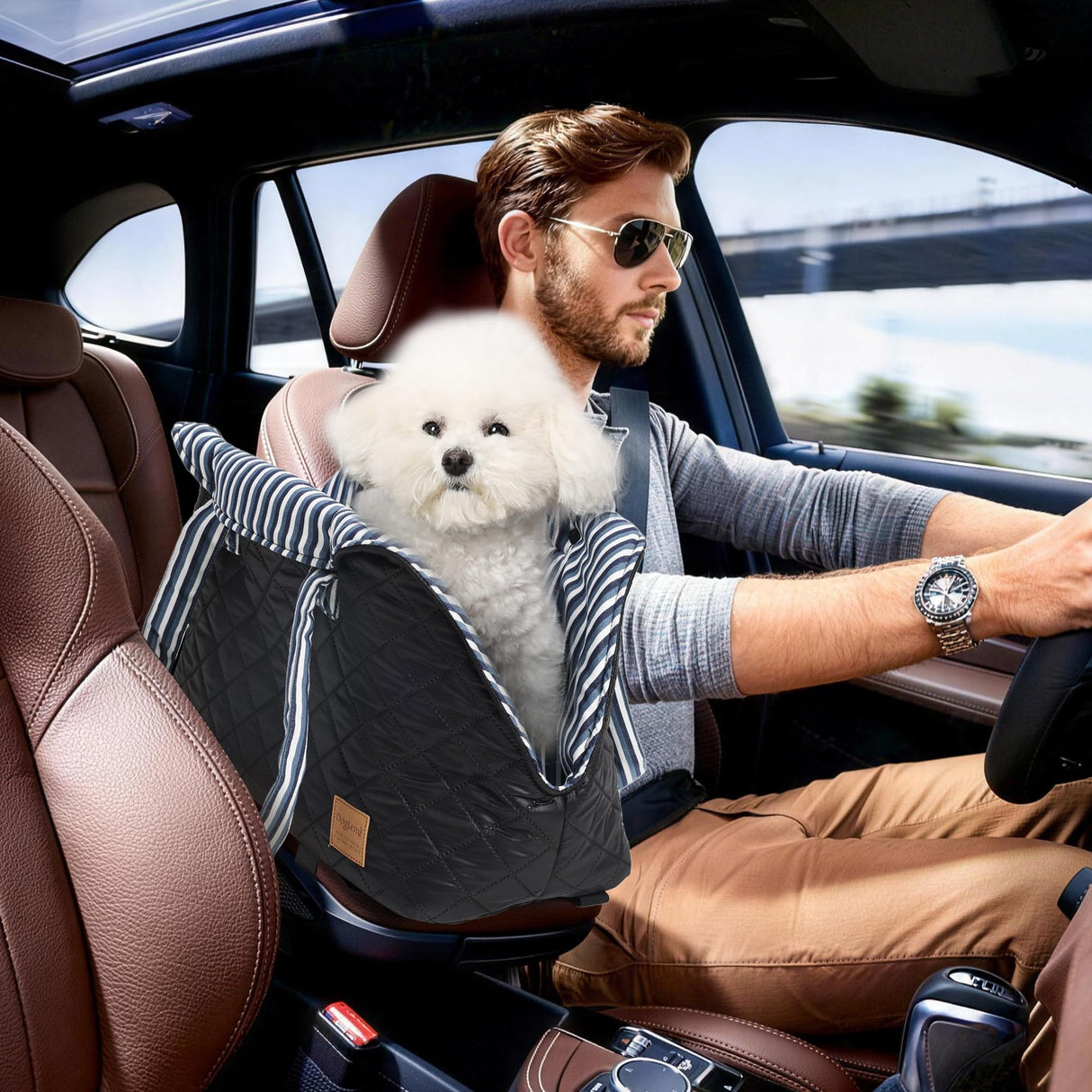 Small Dogs Under 12 lbs Adjustable Portable Center Console Car Seat, Built-in Bubble wrap, Fits Most Cars & SUVs with Convenient Handbag Functionality, Stylish Travel Pet Bag (Black)