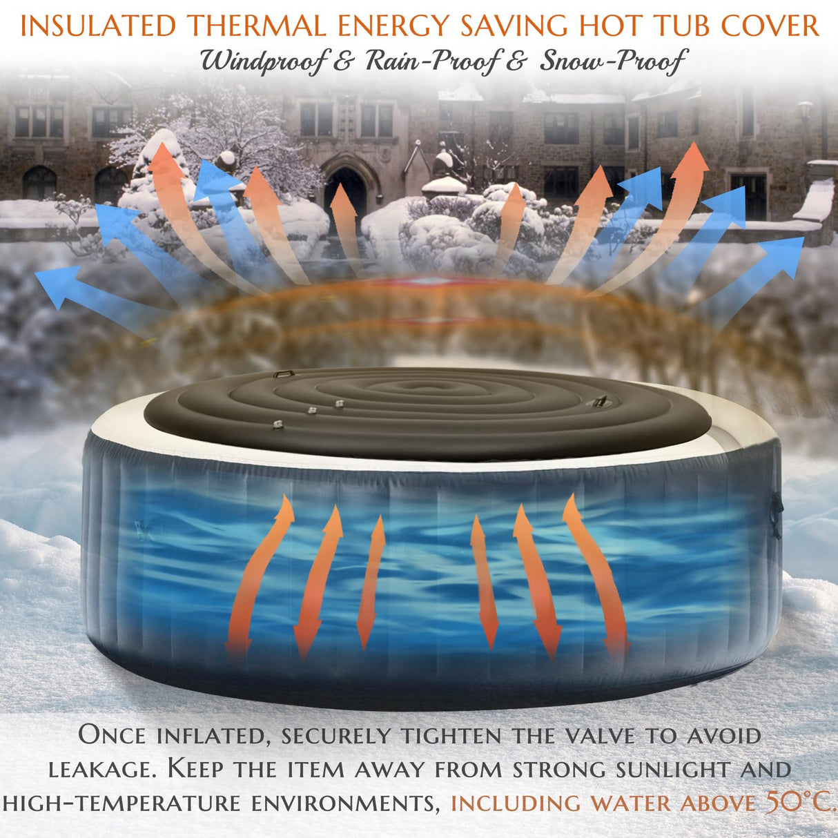 Inflatable Hot Tub Cover Round Replacement, Fit Saluspa Coleman Intex Spa Cover, Insulated Energy-Saving Weatherproof Lid, Unique Design Flexible Adjust Pool Cover Size-Life Time Support