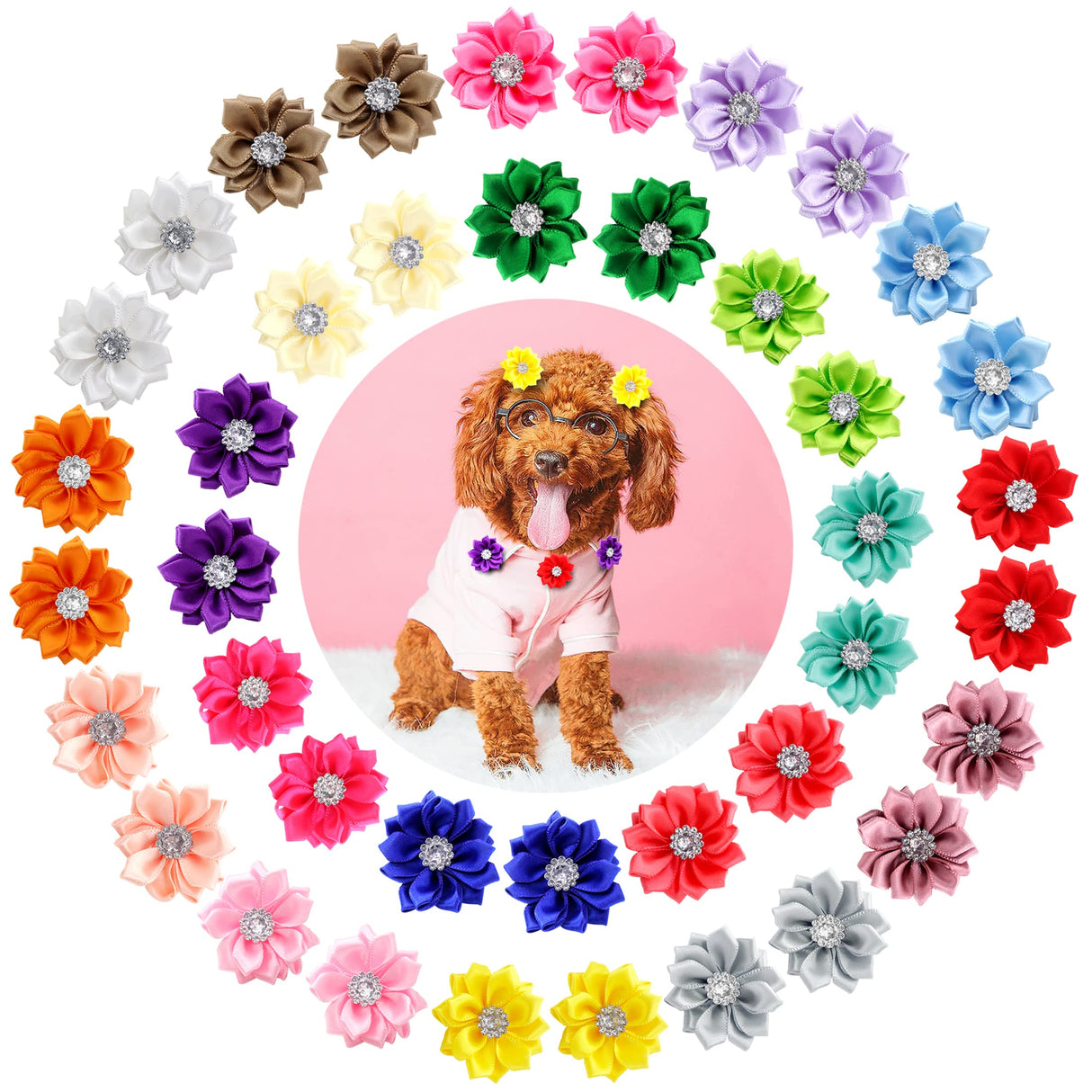 Petbuy 40Pcs Puppy Yorkie Dog Hair Bows Flower with Rubber Band,Pet Small Dog Girl Flower Christmas Hair Topknot Bowknot Hair Accessories Pet Grooming for Party Christmas Birthday