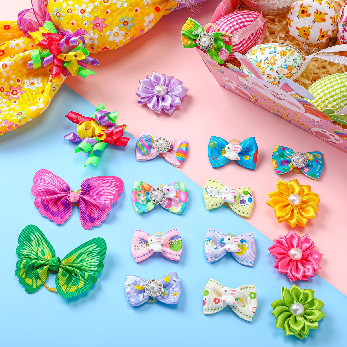 MTLEE 50 Pcs Easter Dog Bows Dog Hair Bows Bulk Easter Grooming Cute Rabbit Pattern with Rubber Bands Puppy Yorkie Cat Bunny Butterfly Topknot Rhinestone Pearl Girl Accessories