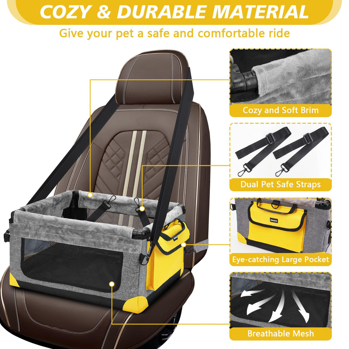 GENORTH Dog Car Seat for Small Pets Up to 20 lbs, with Storage Pocket and Dual Clip-On Safety Leash, Foldable and Washable Design