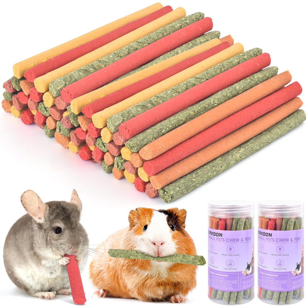 ERKOON 80Pcs Rabbit Timothy Hay Sticks, Five Flavors:PurplePotato/TimothyHay/Pumpkin/Strawberry/Carrot,Suitable Guinea Pig, Hamste, Gerbil, Chinchilla Treats, Chew Toys for Teeth for Bunnies 