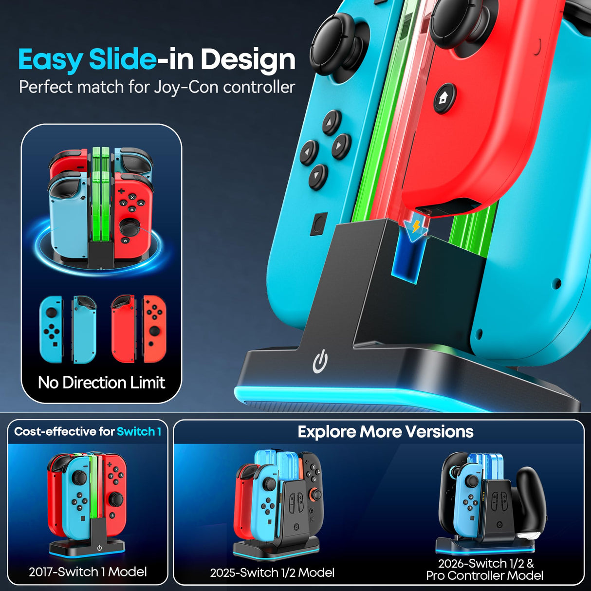 Switch Joycon Charger for SW 1 Model with 9 RGB Light Modes, Switch Controller Charger Stand with LED Indicators, SW Charging Dock Station for 4 Joycon Charging