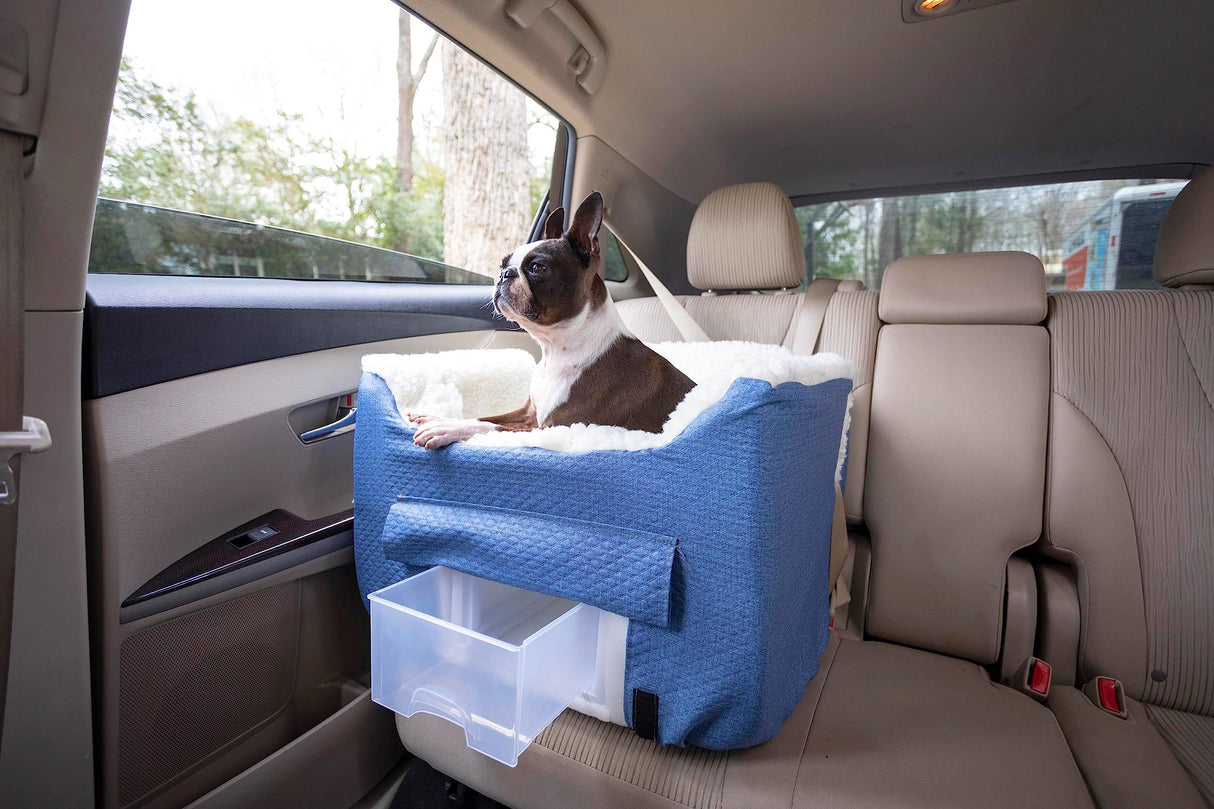 Snoozer Dog Car Seat with Storage Tray: Lookout II Dog Booster Car Seat for Pets up to 25lbs, Helps Alleviate Travel Sickness & Fear for Dogs, Removable Washable Cover – Denim Diamond, Size Medium