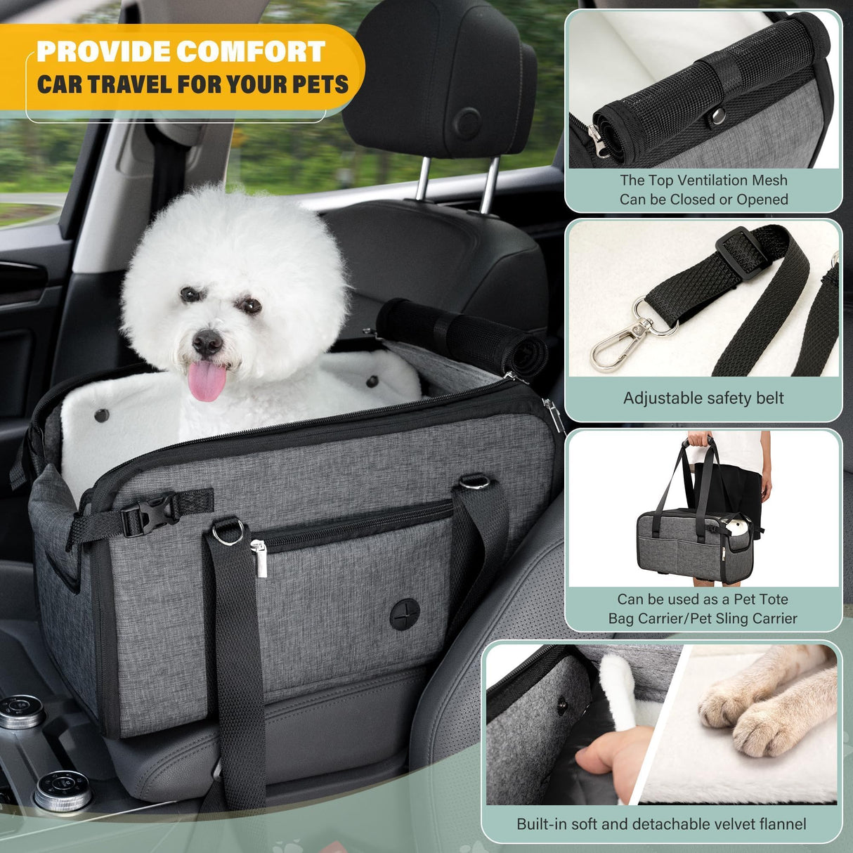 WOYYHO 18lbs Dog Car Seat for Small Dogs with Removable Velvet Liner, Luxury Small Dog Center Console Car Seat Pet Booster CarSeat, Easy Install Stable No Shaking, Waterproof Anti-Slip PU Leather