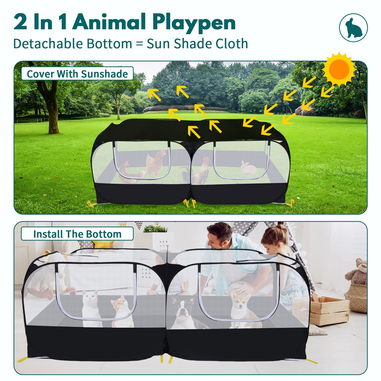 Small Animals Playpen,Pet Cage Tent Large Chicken Run Coop with Detachable Bottom Breathable Transparent Mesh Walls, Foldable Pet Enclosure for Puppy Kitten Rabbits Indoor Outdoor playpen