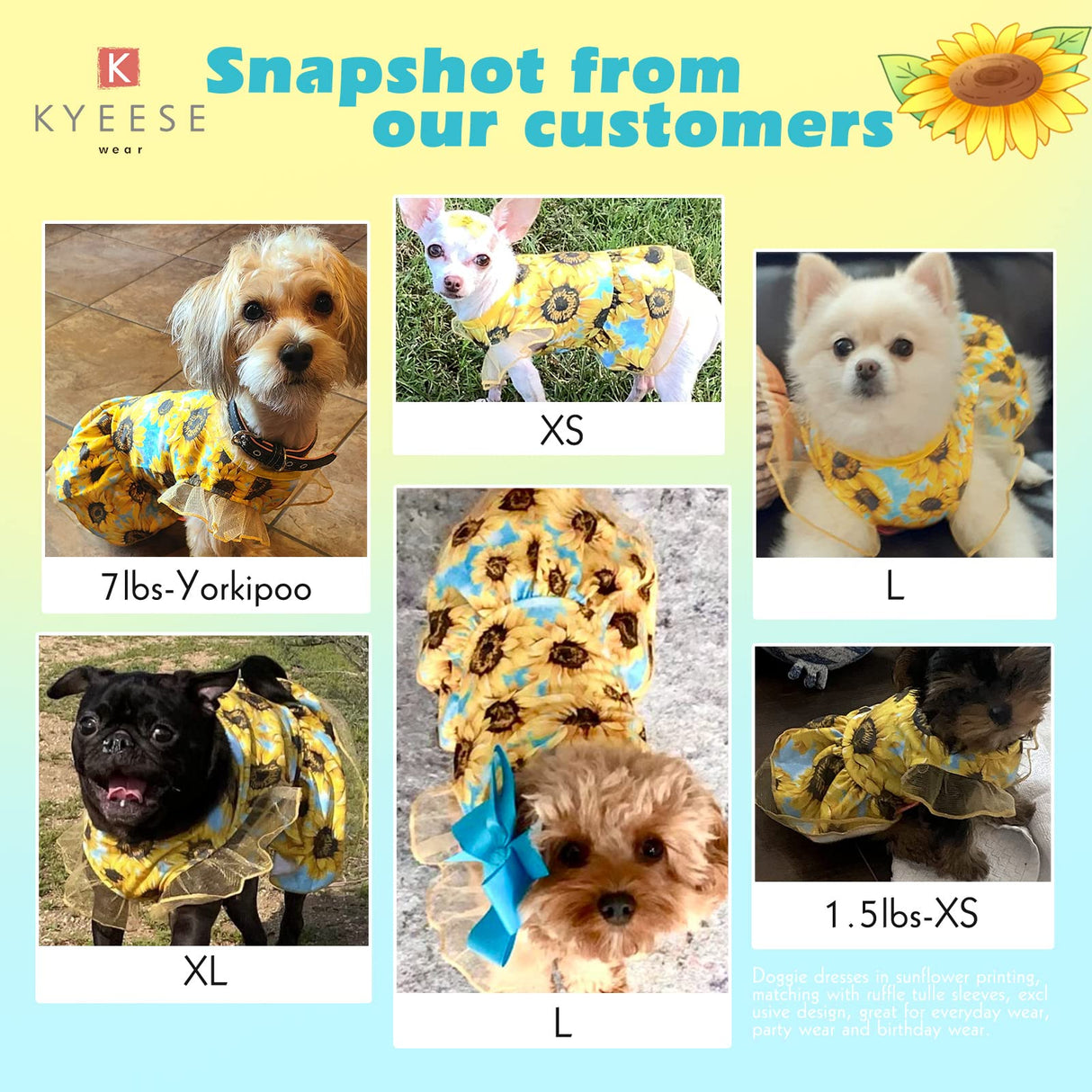 KYEESE Dog Dress for Medium Dogs Sunflower Dogs Sundress Tulle with Ruffle Sleeves Dog Apparel