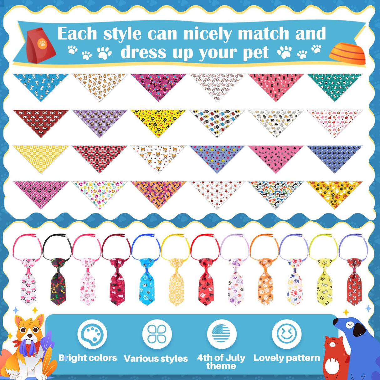 Bunnycool 72 Pcs Dog Bandanas Tie Set Cute Bulks Pet Scarves with Paw Cat Pattern Adjustable Cute Dog Triangle Scarfs Neck Ties for Holiday Birthday Accessories