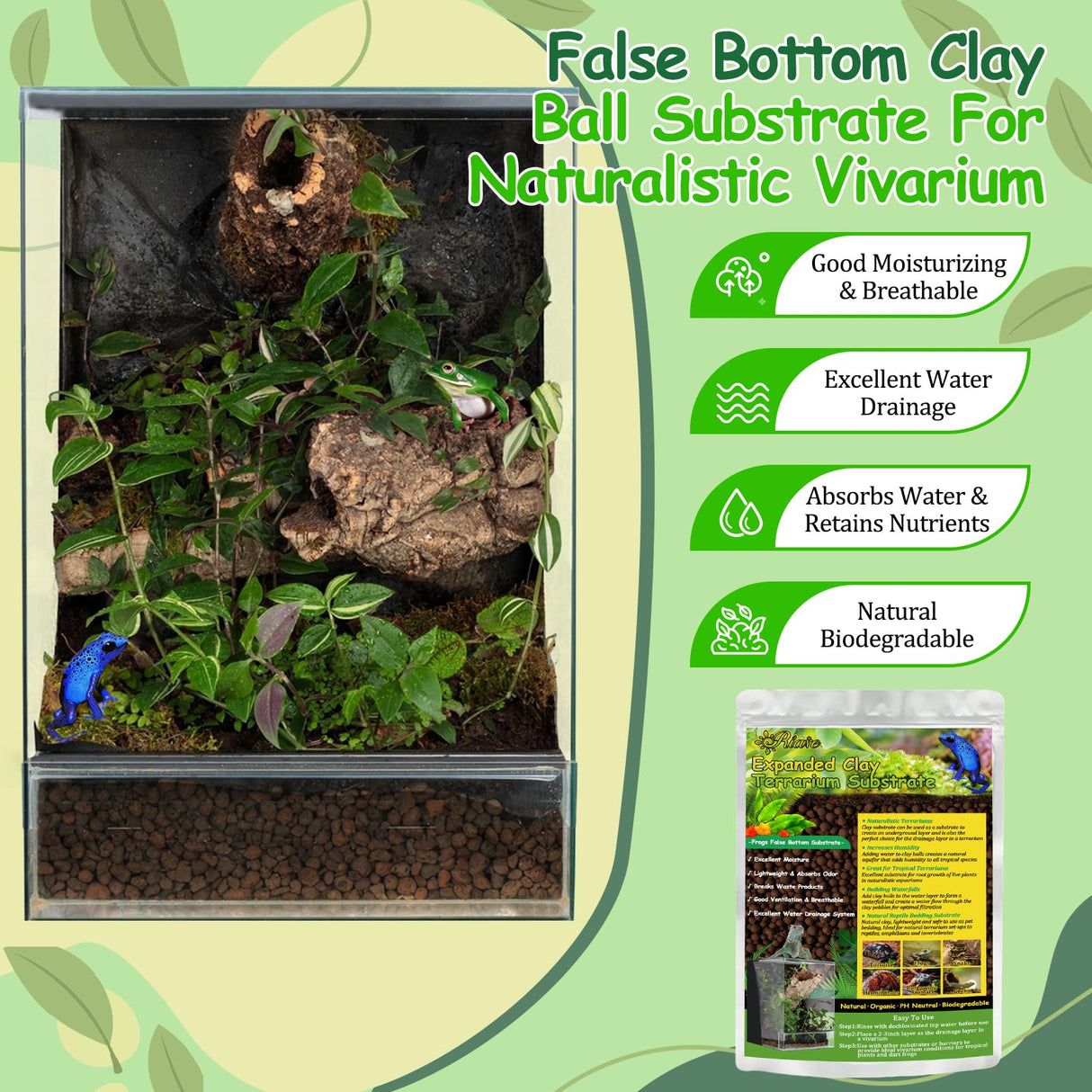 Riare 10LBS Expanded Clay Balls Terrarium Substrate for Reptiles - 100% Organic Lightweight Clay Pebbles Substrate Frogs False Bottom Substrate, Bioactive Terrarium Substrate for Drainage and Moisture