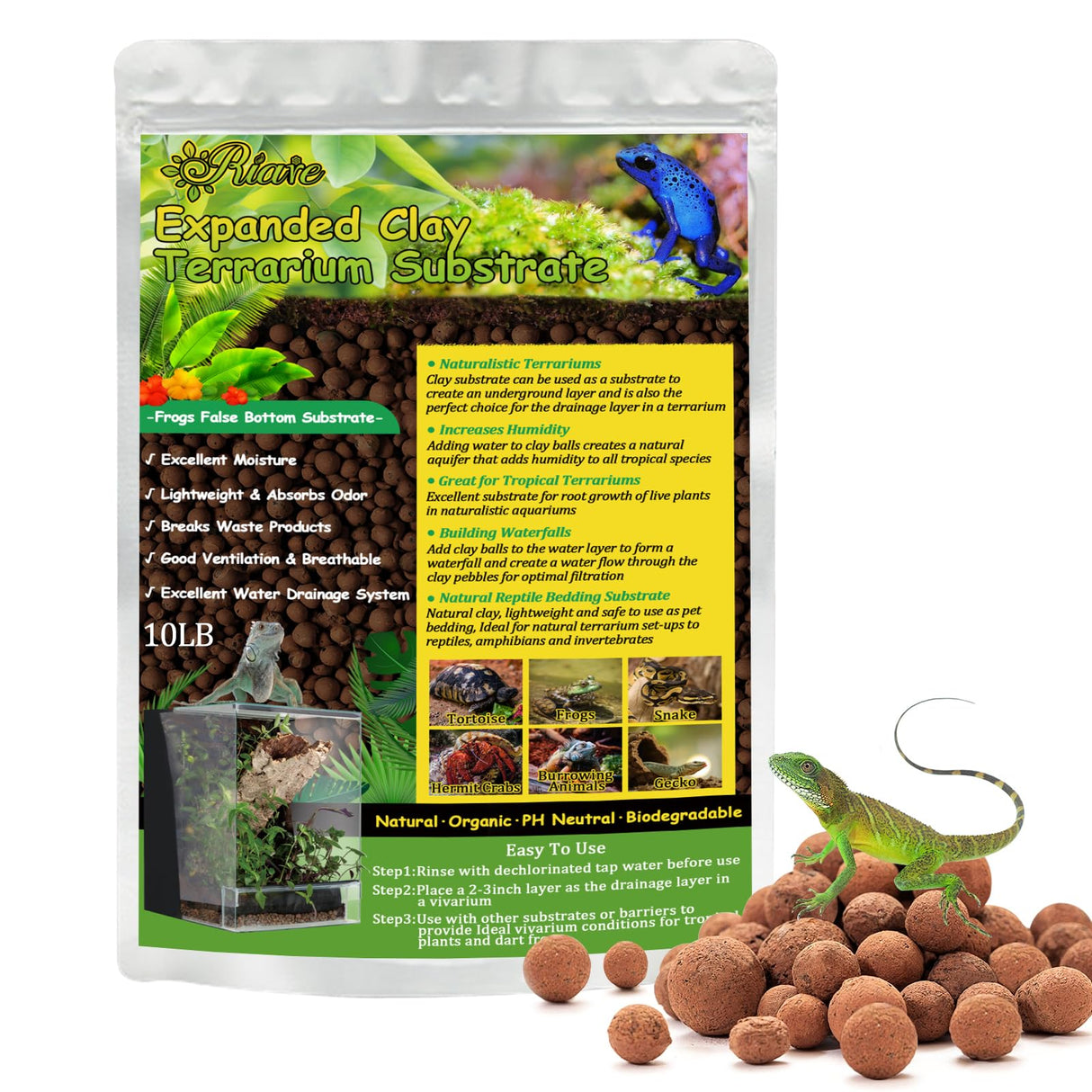 Riare 10LBS Expanded Clay Balls Terrarium Substrate for Reptiles - 100% Organic Lightweight Clay Pebbles Substrate Frogs False Bottom Substrate, Bioactive Terrarium Substrate for Drainage and Moisture
