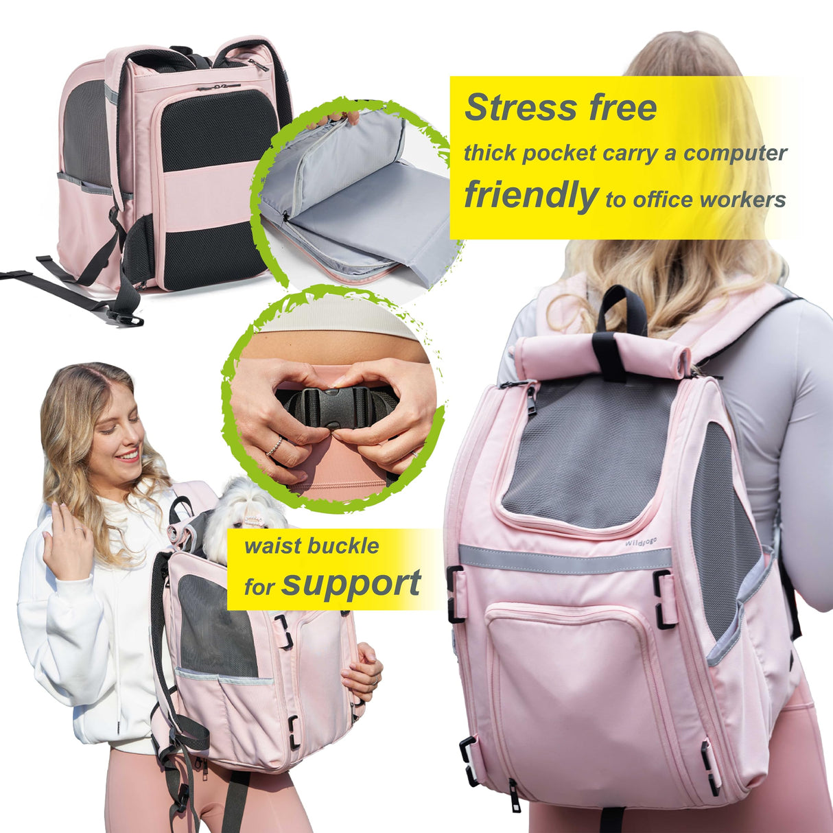 Wildgogo Expandable Pet Carrier, Airline-Approved Foldable and Detachable Backpack, Fits 13lbs Cat&11lbs Small Puppy Dog, for Car Travel,Camping and Emergency Transportation and Shelter (Pink)