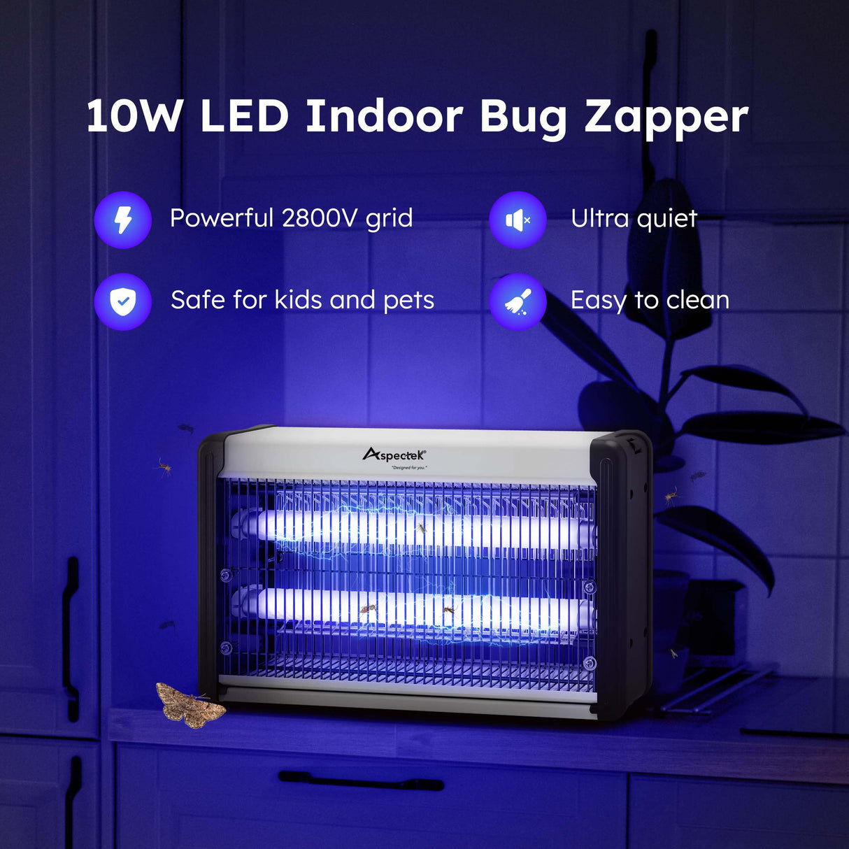 ASPECTEK Electric Indoor Bug Zapper 10W,Upgraded UV-LED Light Lamp with a Long Life Span,Insect Killer for Mosquitos,Flies,Moths,LED Mosquito Zapper for Indoor Use