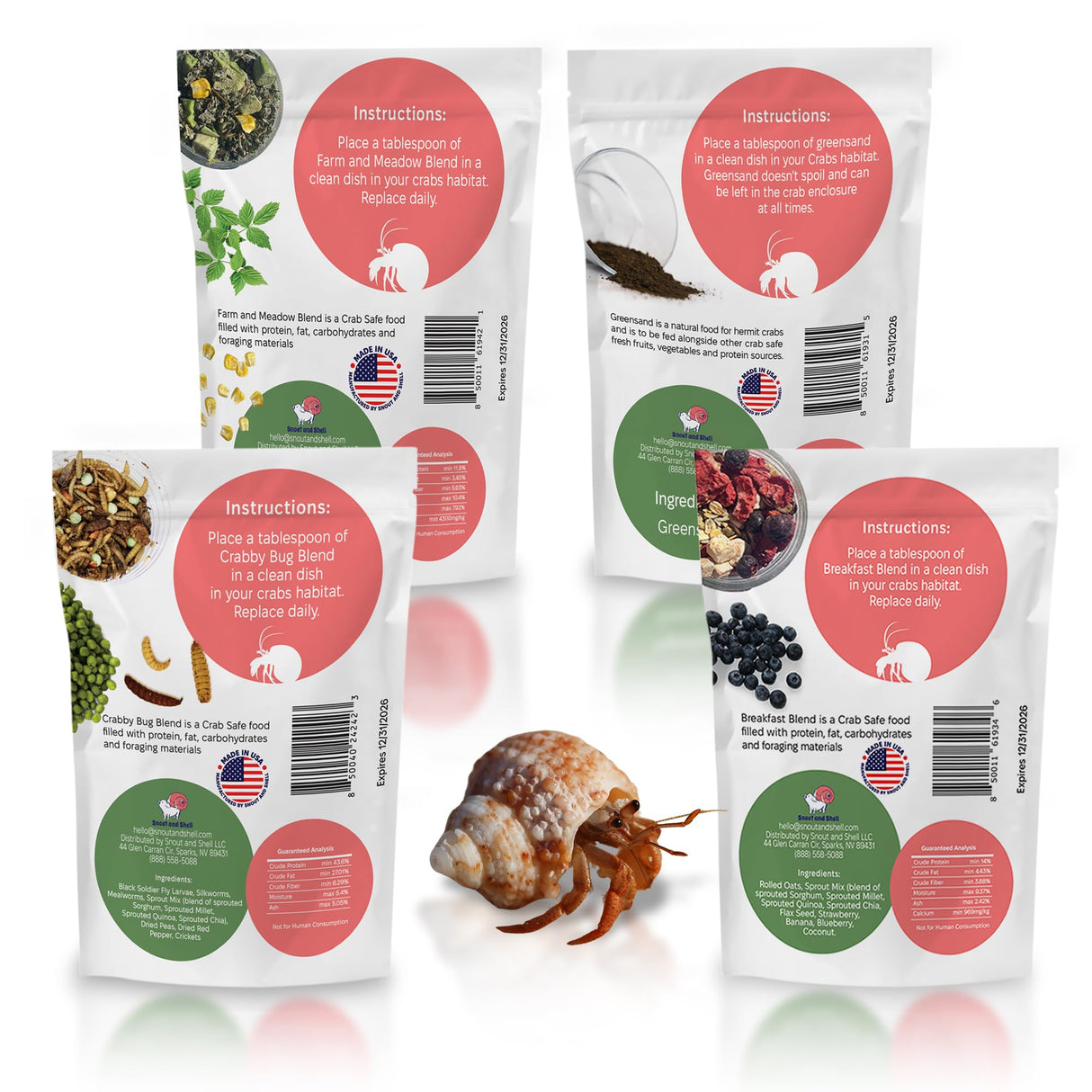 Snout and Shell Hermit Crab Food Bundle (Farm and Meadow, Fruity Breakfast Blend, Crabby Bug Blend, Greensand)