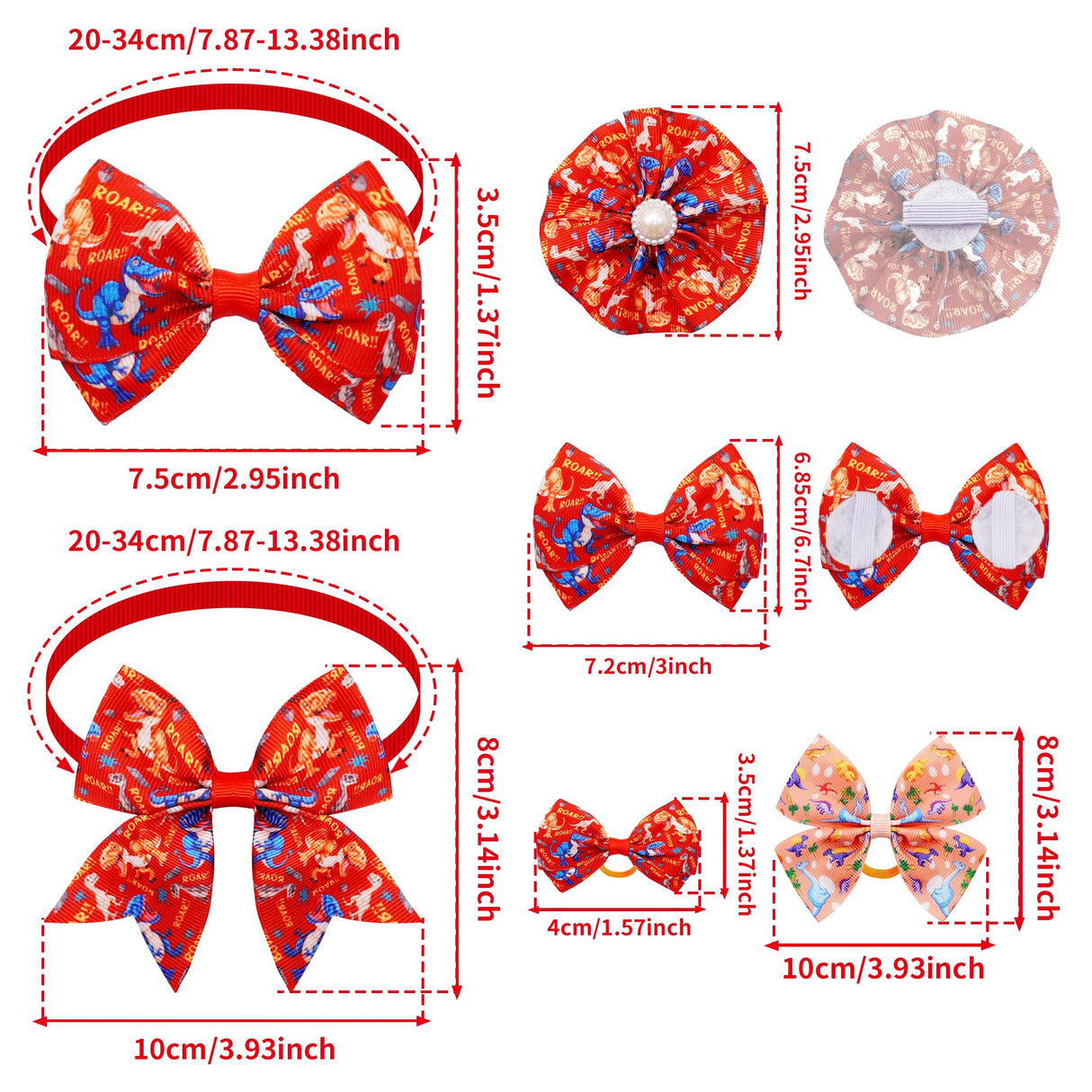 JpGdn 120PCS Dinosaur Dog Bows Pack Include 20PCS Bowties with Adjustable Buckle 40PCS Hair Bows 60PCS Flowers and Bowties Attachments for Girl Female Boy Male Dogs Grooming Accessories