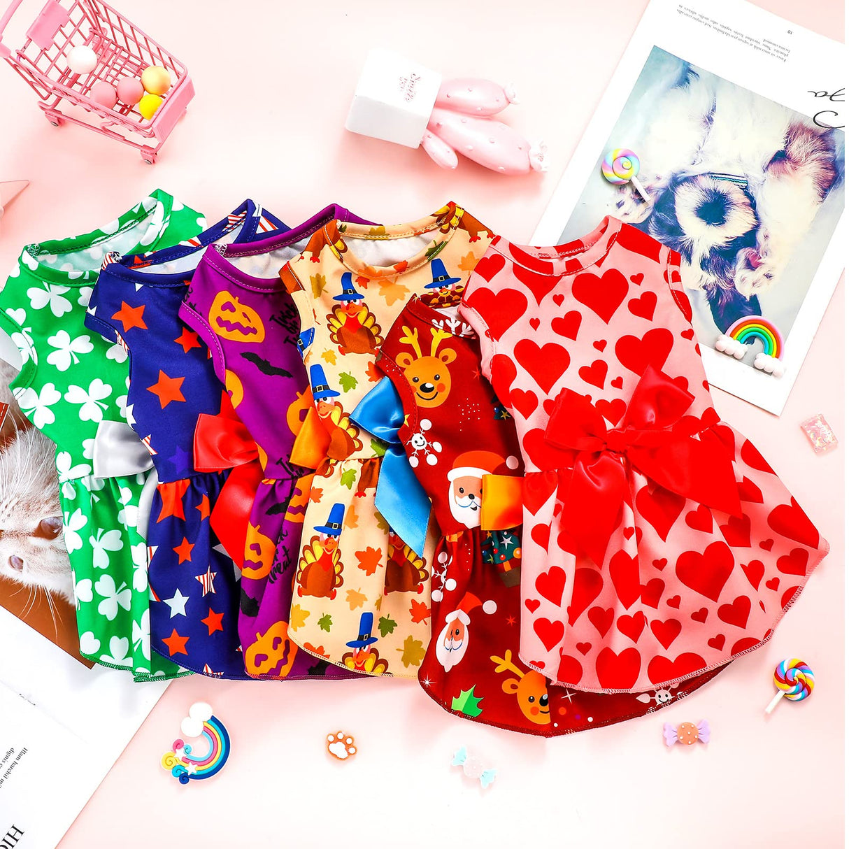 Frienda 6 Pack Valentines Day Dog Costume St. Patrick's Independence Day Christmas Halloween Thanksgiving Dress Bow Puppy Pack Girl Cat Birthday American Flag Dog(S (3-5lbs))
