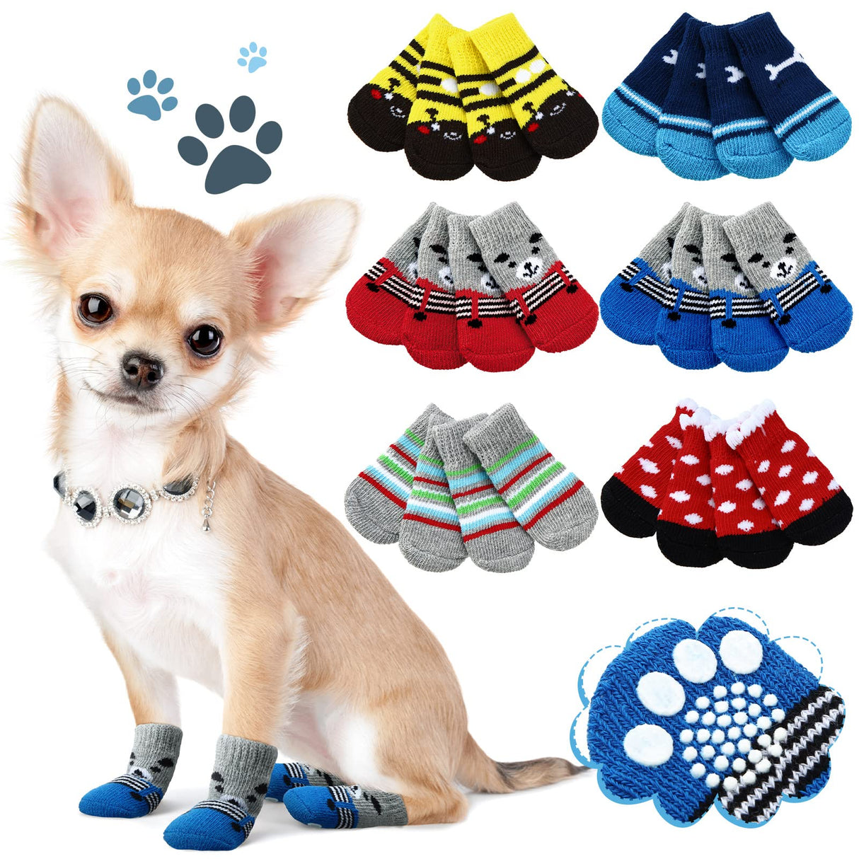 Sadnyy 24 Pcs Non Slip Dog Socks for Small Medium Large Puppy Pet, 6 Styles Dog Booties Paw Covers with Grips Paw Protectors for Hot Pavement Hardwood Floors Prevents Scratching Licking Wound(Medium)