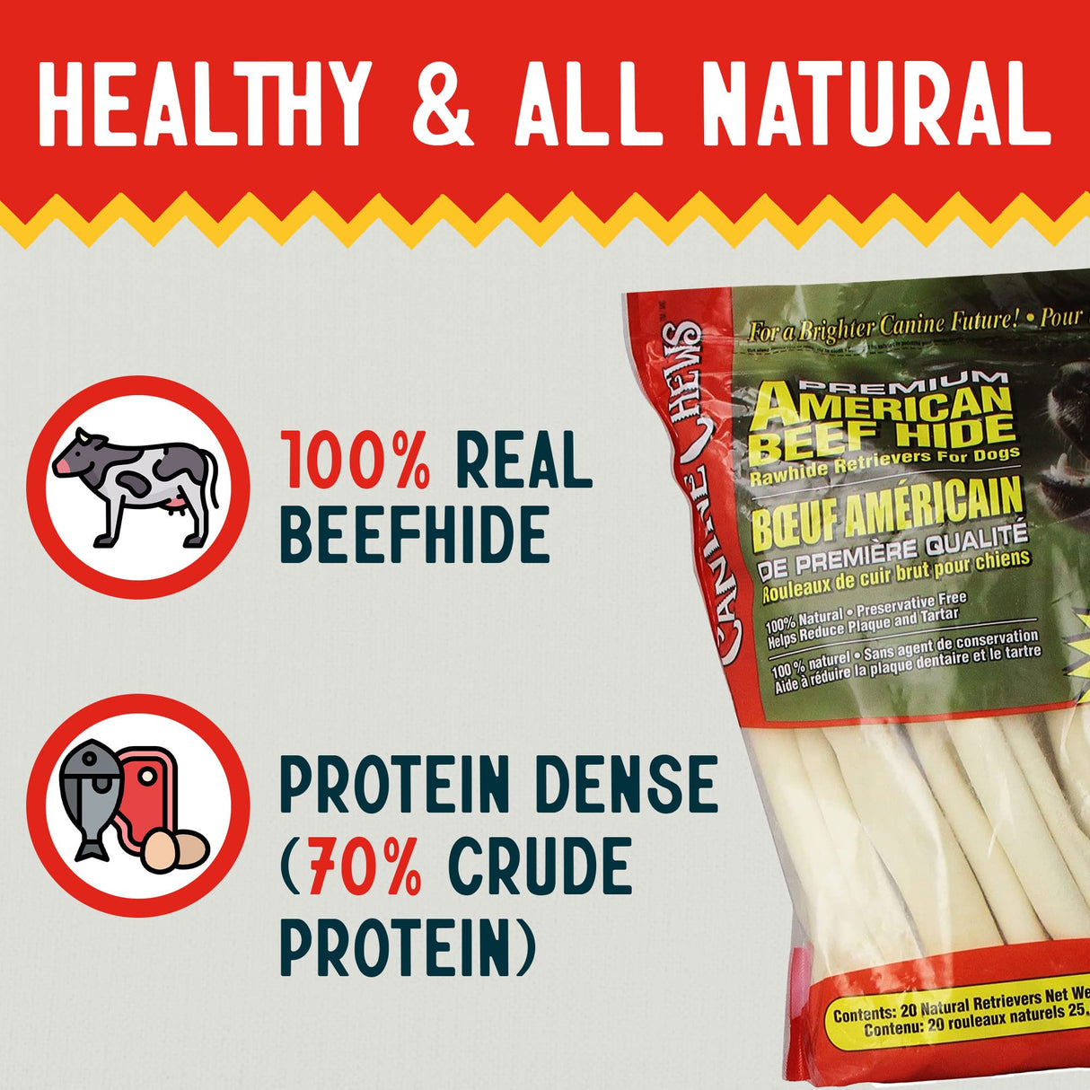 Canine Chews 10-11" Rawhide Bones for Large Dogs, Durable USA Beefhide Dog Rawhide Chews, Retriever Rolls 20 Pack (5 lbs)
