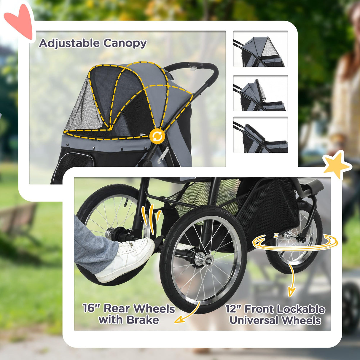 PawHut 3 Wheels Pet Stroller, Foldable Dog Stroller with Adjustable Canopy, Safety Tether, Cushion, Storage Basket, Portable Jogger for Small and Medium Dogs and Cats, Gray