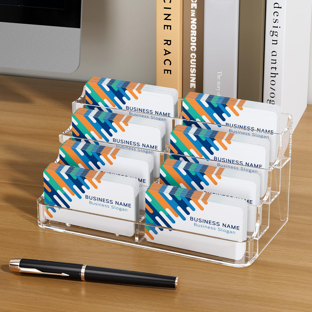 MaxGear Acrylic Business Card Holder for Desk, Clear Desktop Business Card Display Stand with 8 Pockets, 4-Tier Freestanding Card Organizer for Office, Reception, Countertop