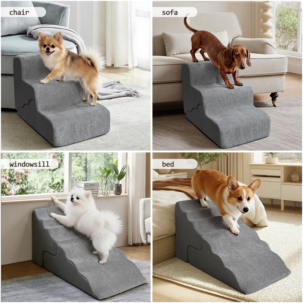 Pet Dog Stairs for Small Dogs, 2 in 1 Transformable 3-Step Pet Stairs and Wave Anti-Fall Slope for Short Legs and Long Legs Dog, for Couch (12-19 in) with Durable Non-Slip Waterproof Cover(Grey)