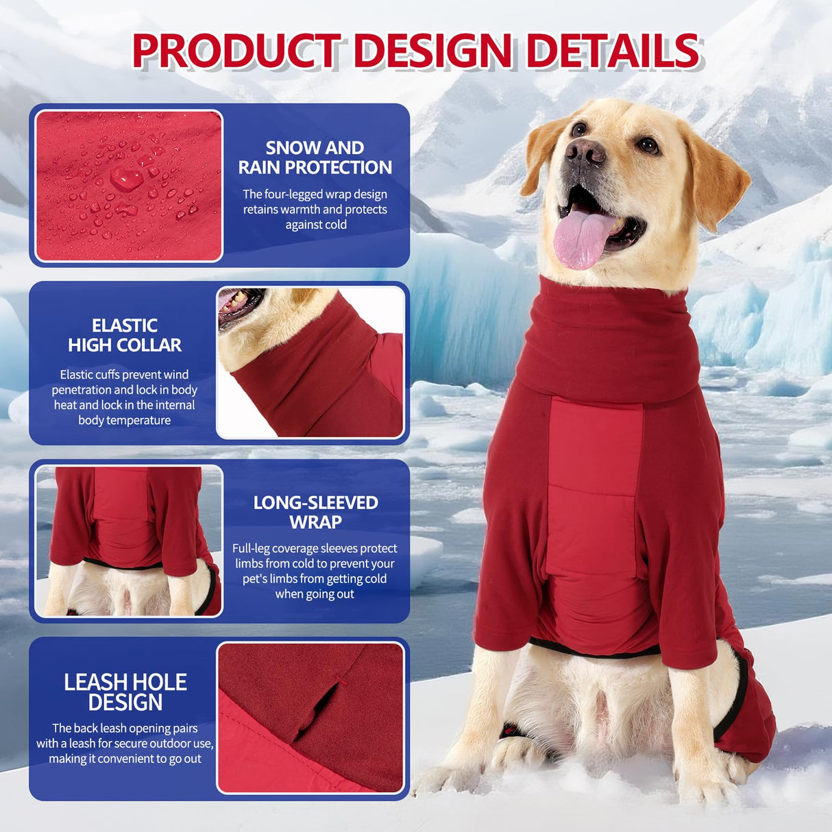 BRKURLEG Full Body Dog Winter Coat Warm Fleece Pullover Pajamas, Four Legs Covered Windproof Dog Jacket for Small to Large Dogs, Turtleneck Dogs Snowsuit, Pet Cold Weather Clothes, Red XXXL