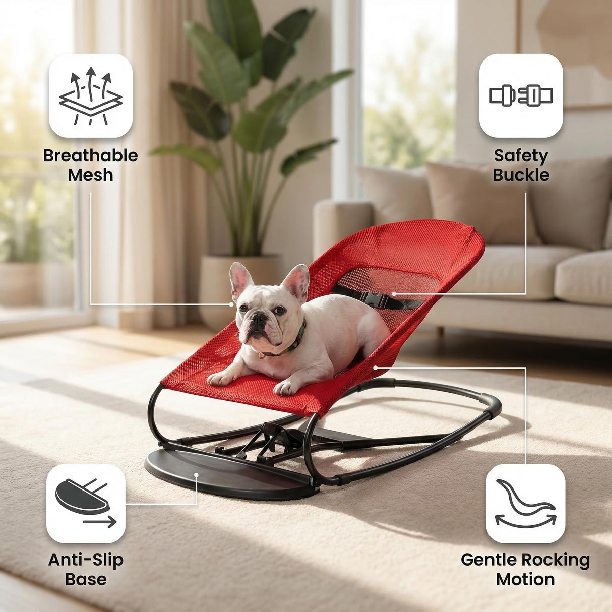 Cat & Dog Rocking Chair - Bouncer Bed for Frenchie, French Bulldog Lounge, Outdoor Portable Foldable Pet Furniture. Adjustable Height, Breathable Mesh, Safety Harness for Small Animals & Puppies