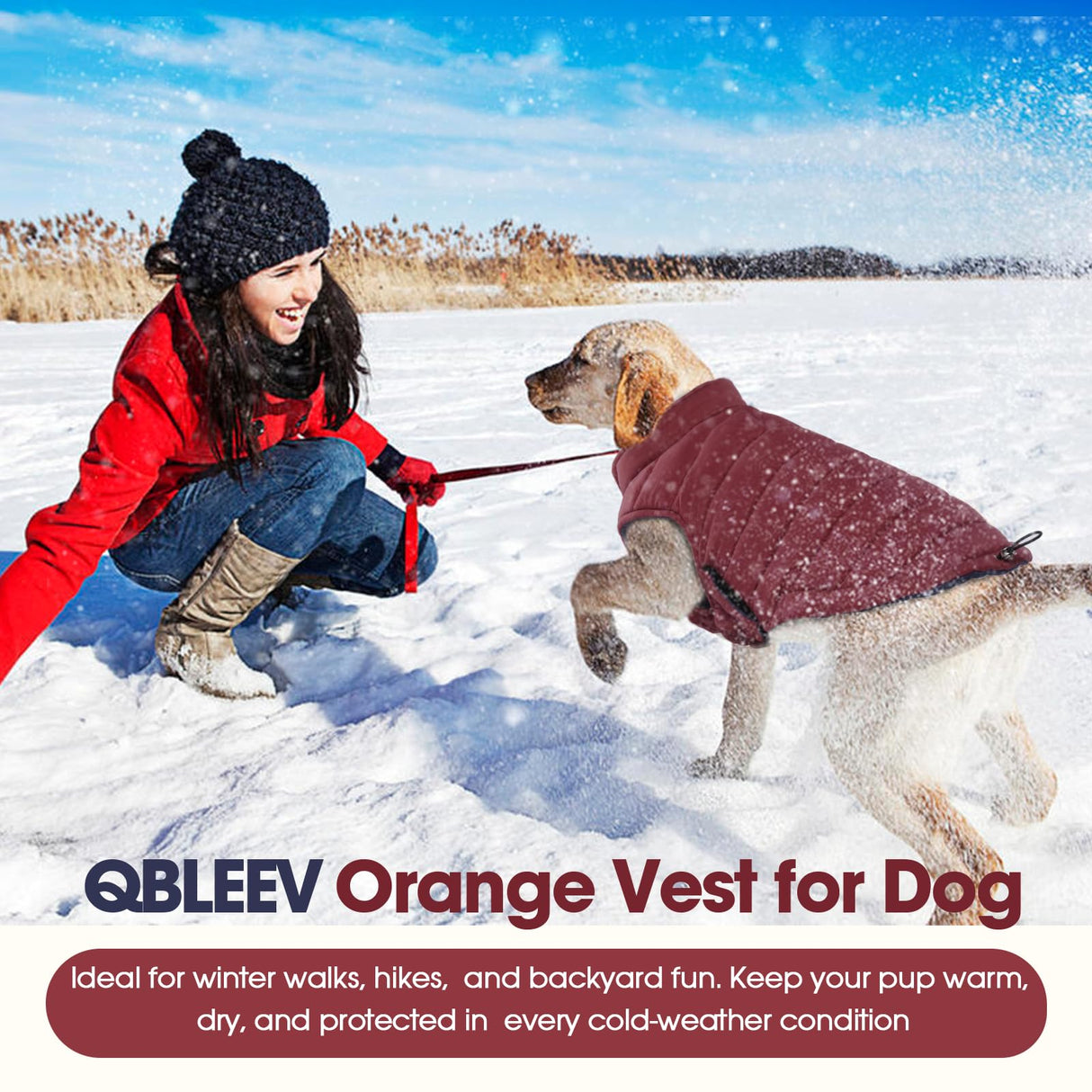 QBLEEV Reversible Dog Coat for Large Dogs, Waterproof Windproof Winter Jacket Keeps Big Breeds Warm & Dry, Adjustable Hook & Loop Puffer Vest, Wine Red, 3XL – Fits Labrador, Weimaraner, Great Dane