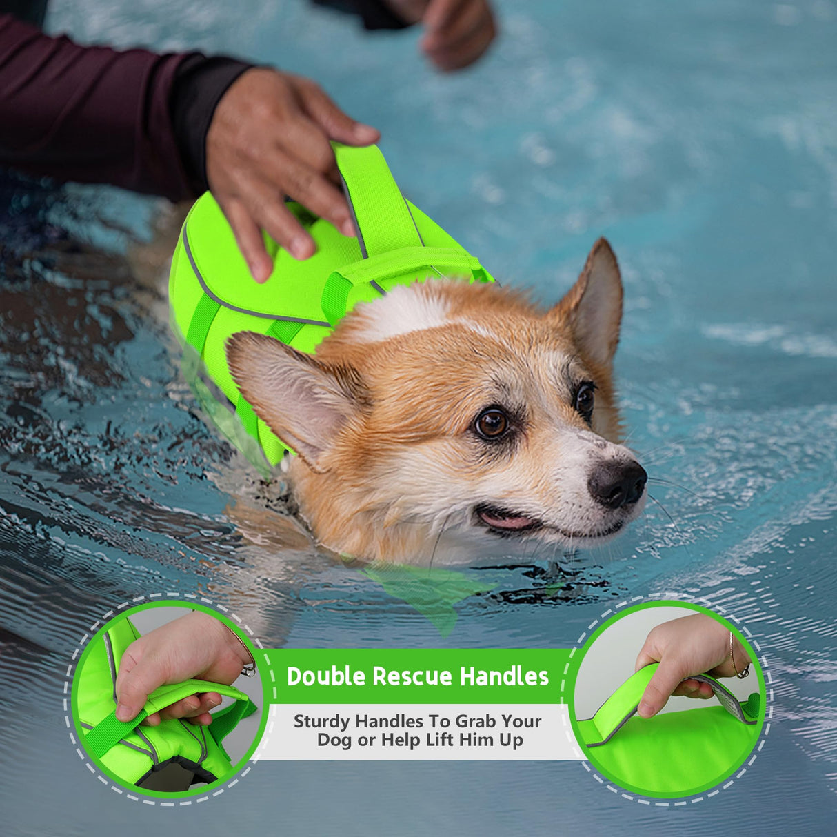 Dogcheer Dog Life Jacket with Double Rescue Handle, Reflective Dog Harness Life Vest for Swimming Boating, Adjustable Pet Swim Vest Dog Flotation Device DFD for Small Medium Large Dogs - Green S