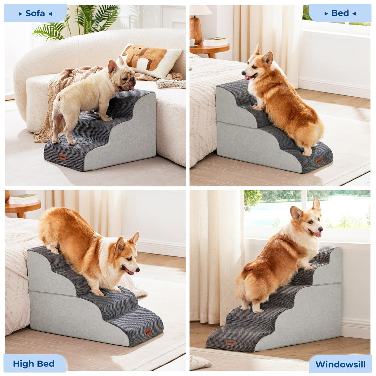ZOMISIA Dog Stairs for Small Dogs - Pet Stairs for Couch and Bed, 35D Foam Dog Steps Ramp with Non-Slip Bottom Brown, 3 Steps