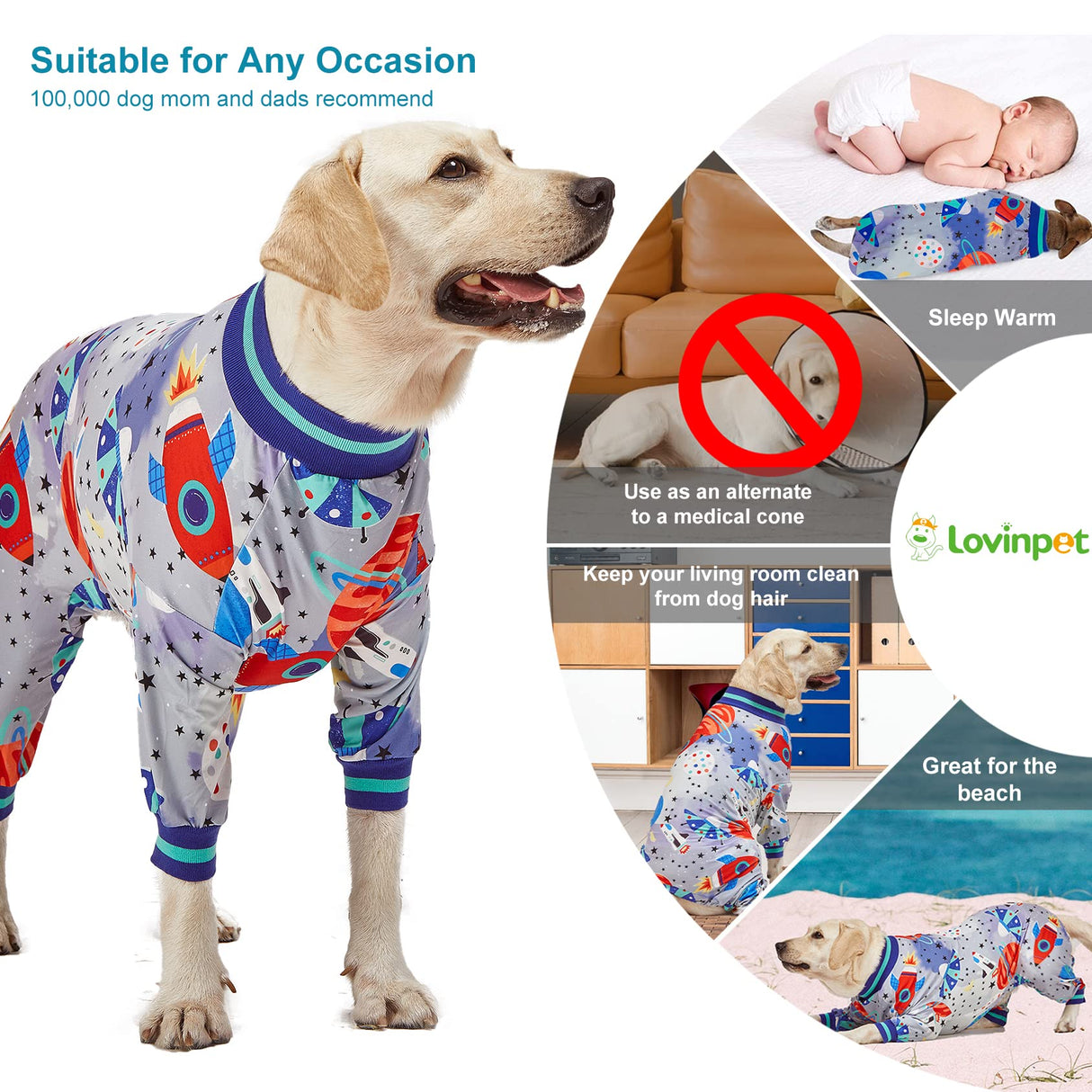 LovinPet Dog Pjs, Wound Care, Surgery Recovery Clothes, Large Pitbull Pajamas, Lightweight Stretchy Jersey Knit, Galaxy World Gray Print, Big Dog Jammies,UV Protection, Pitbull Pajamas, Pet PJ's, 2XL