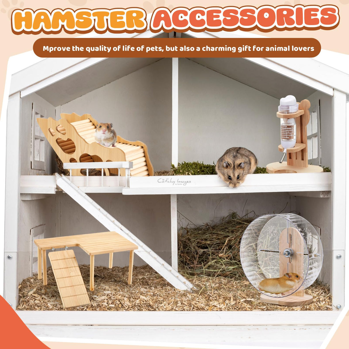Sonwyoung 6 Pcs Hamster Toys Set, Maze Wood House, Climbing Ladder Wooden Bridge Tunnel Toy Platform Silent Exercise Running Wheels and Water Bottle Set for Rat Guinea Pig Habitat Cage(Basic)